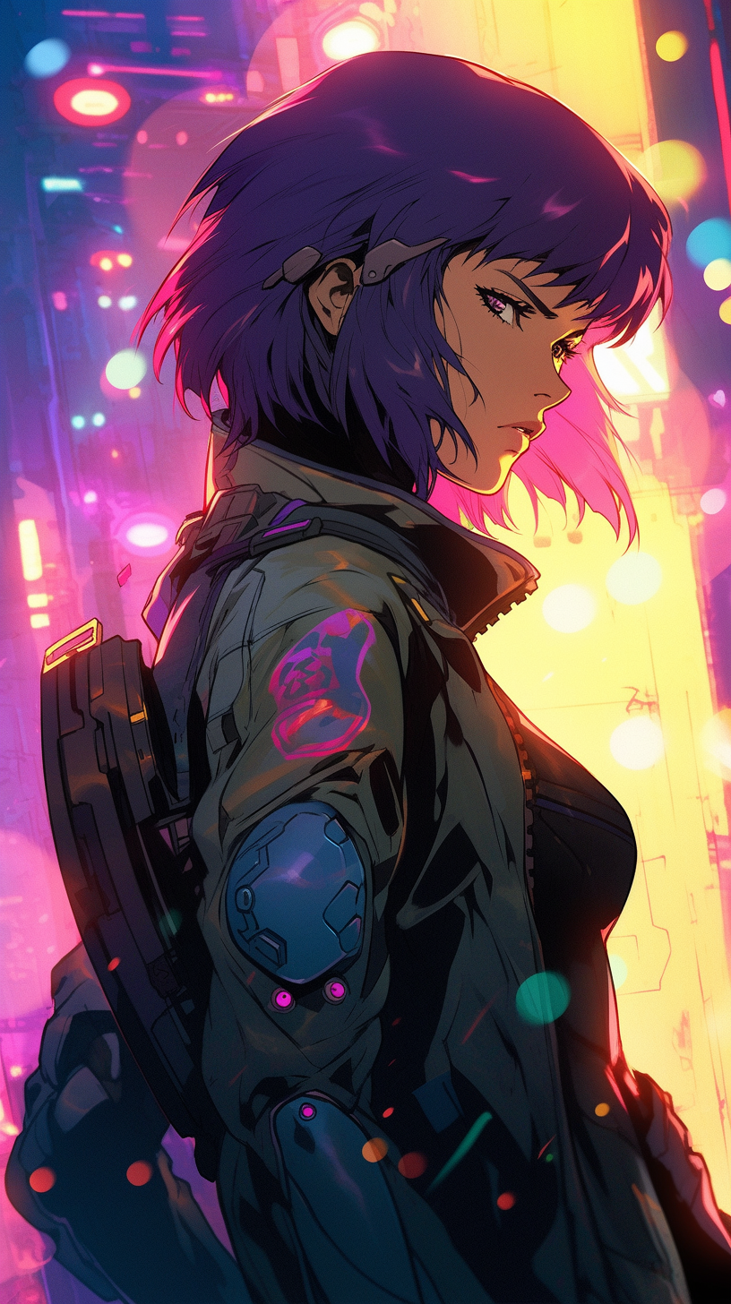 This anime wallpaper features a striking character with vibrant purple hair, exuding an aura of mystery and power