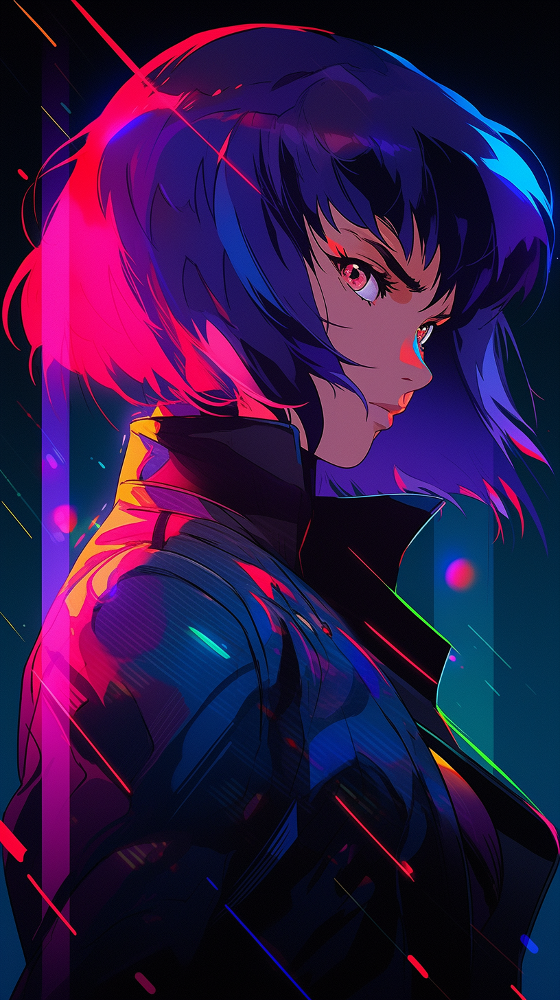 This anime wallpaper features a striking character with vibrant purple hair, exuding an air of mystery and intrigue