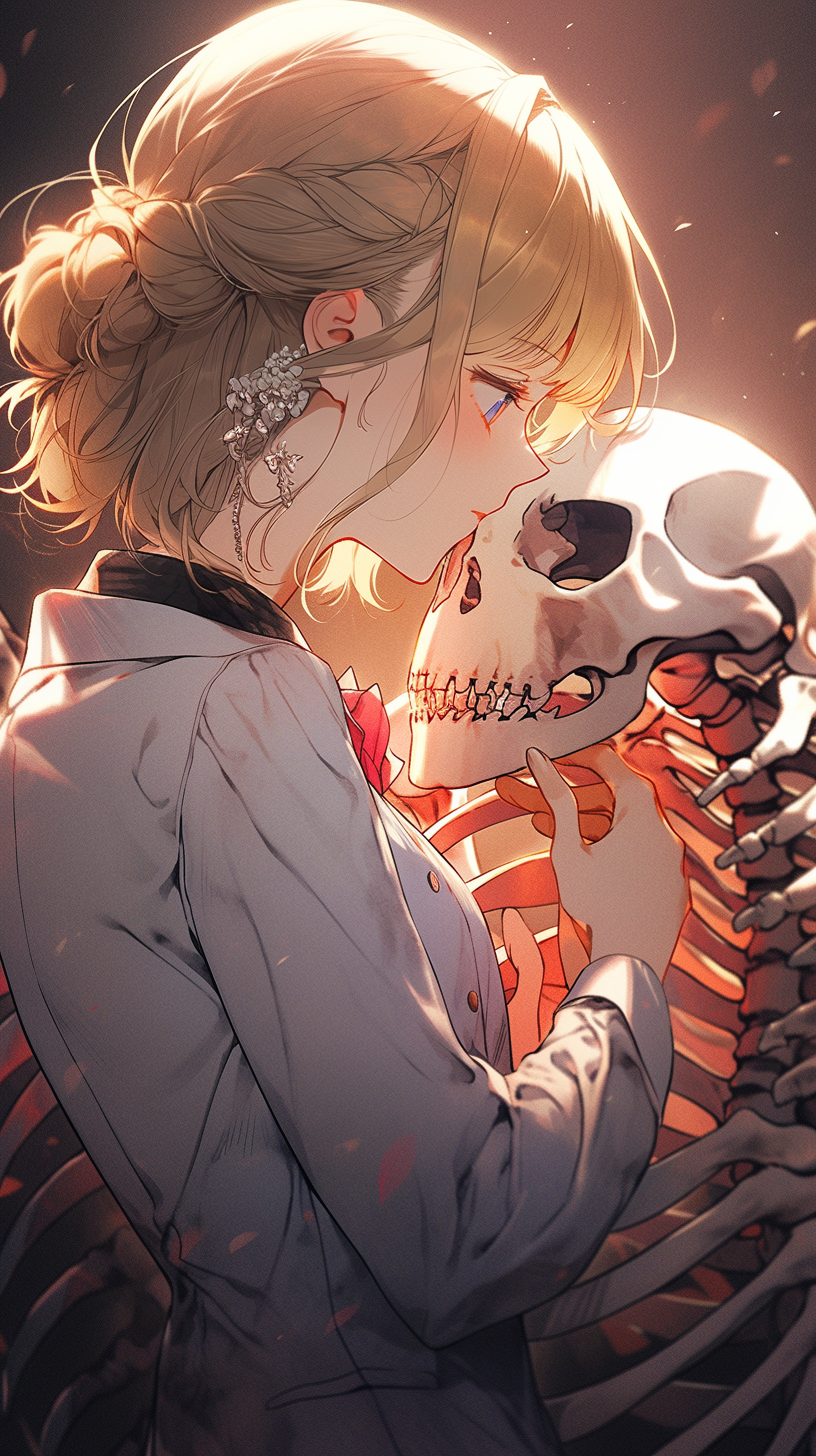 This anime wallpaper features a young girl with blonde hair and striking blue eyes, dressed in a light-colored coat