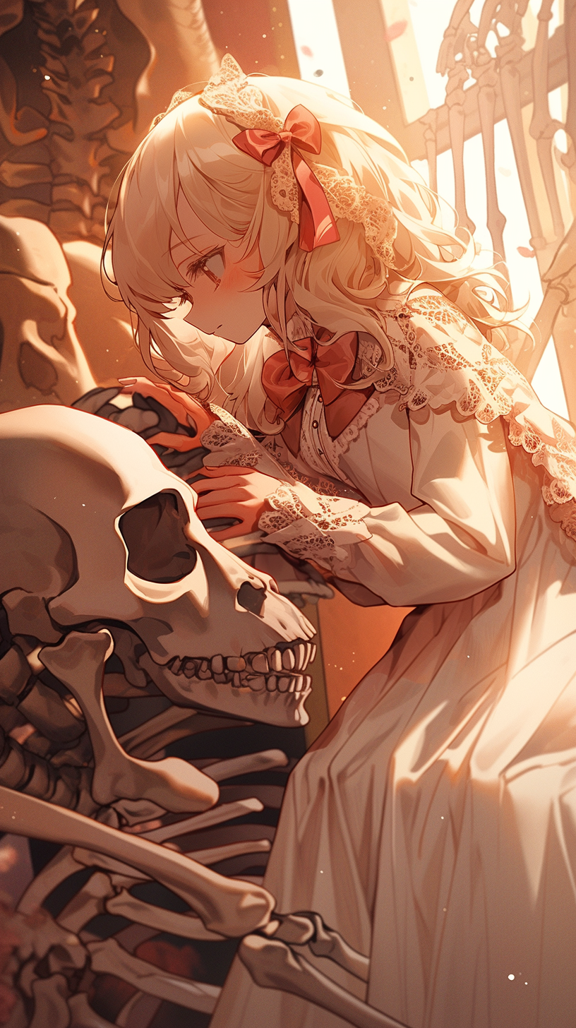 This captivating anime wallpaper features a young woman with long, flowing blonde hair adorned with a red ribbon, deeply engrossed in examining a human skull