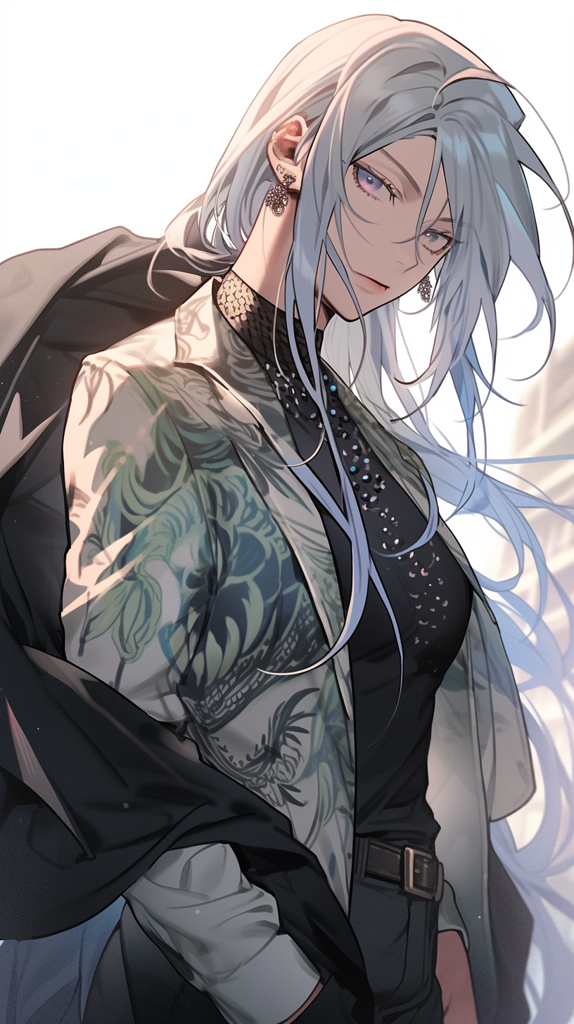 This anime wallpaper features a striking character with long, flowing blue hair, exuding an air of mystery and sophistication