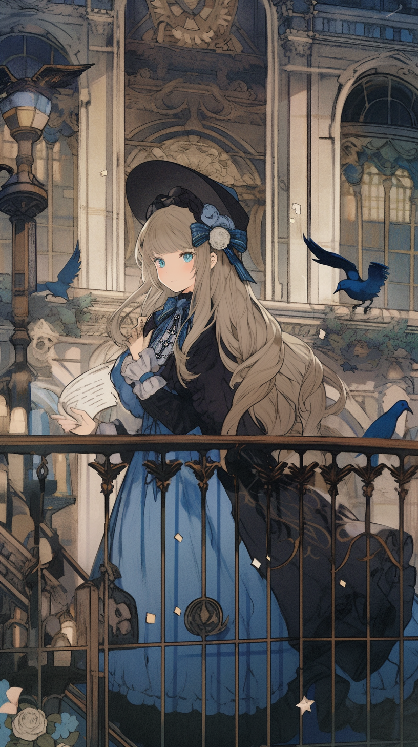 This enchanting anime wallpaper captures a young woman with long, flowing hair, dressed in an elegant Victorian-style gown