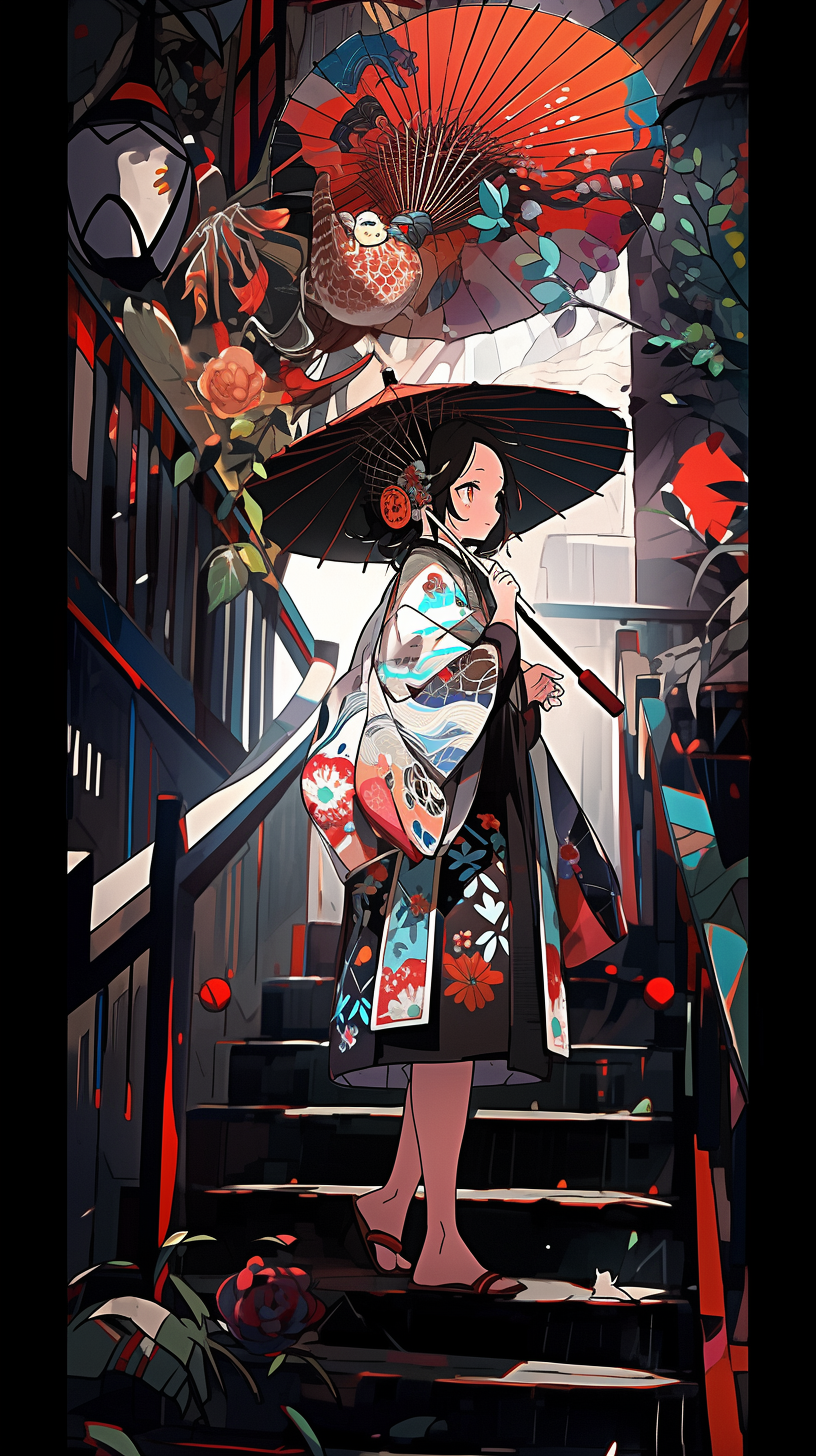 This captivating anime wallpaper features a stylish character descending a staircase adorned with vibrant, traditional Japanese elements