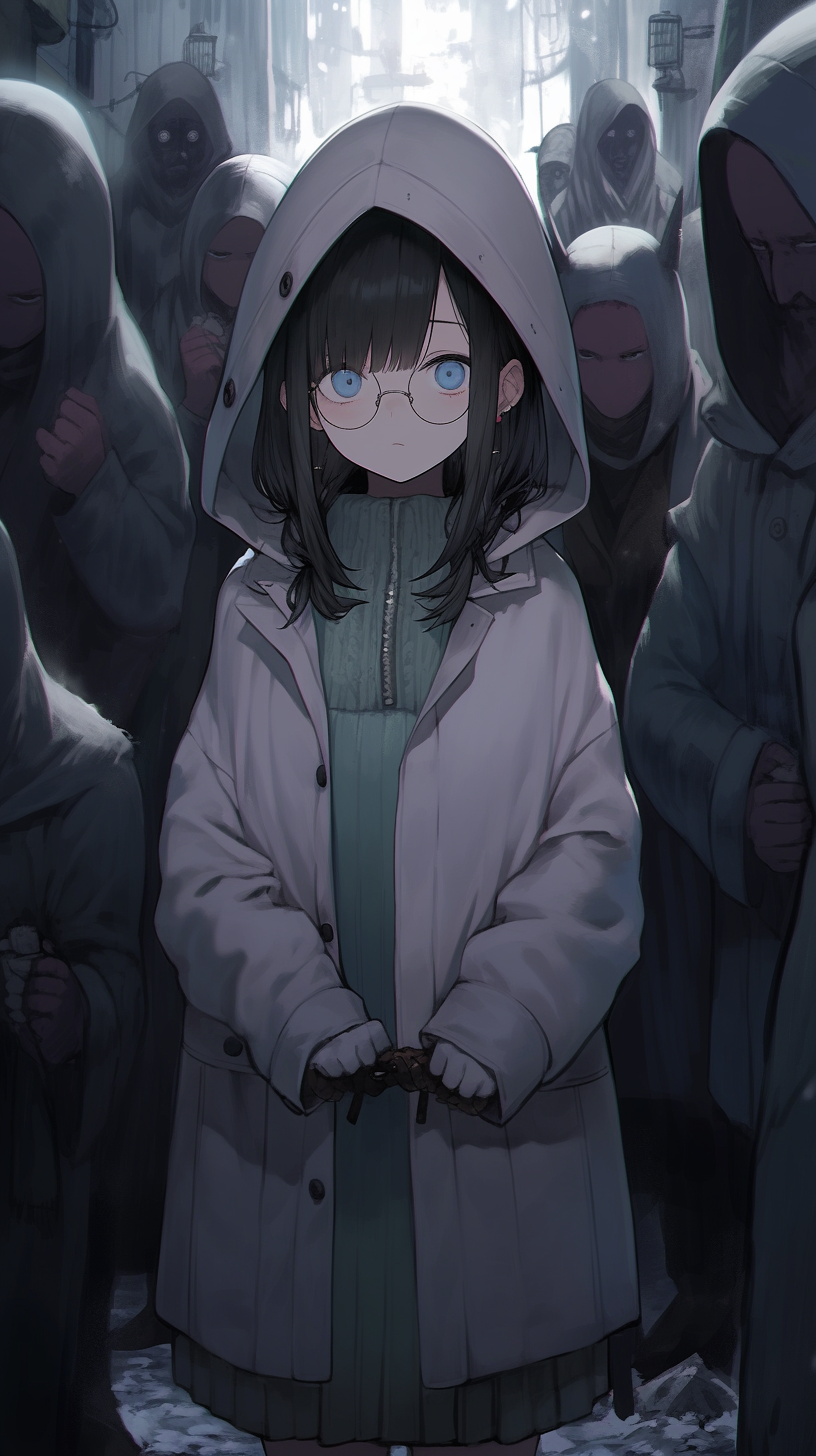 This captivating anime wallpaper features a young girl standing amidst a mysterious and eerie atmosphere