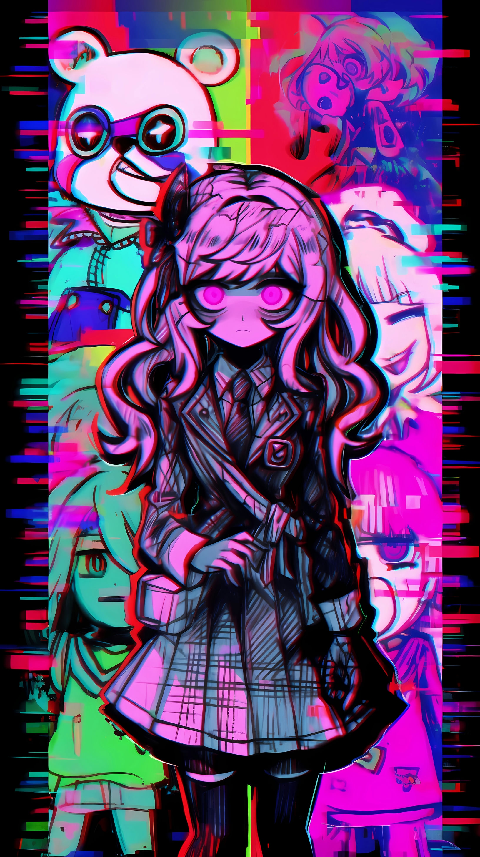 This anime wallpaper features a stylish girl with long pink hair, dressed in a plaid skirt and a black top, standing confidently amidst a vibrant, neon-lit background
