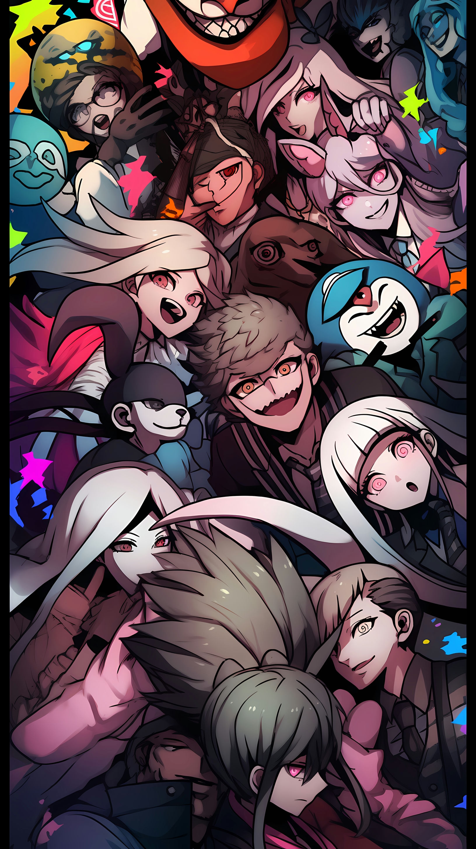 This anime wallpaper features a group of characters from a dark and mysterious series, each with unique and striking appearances