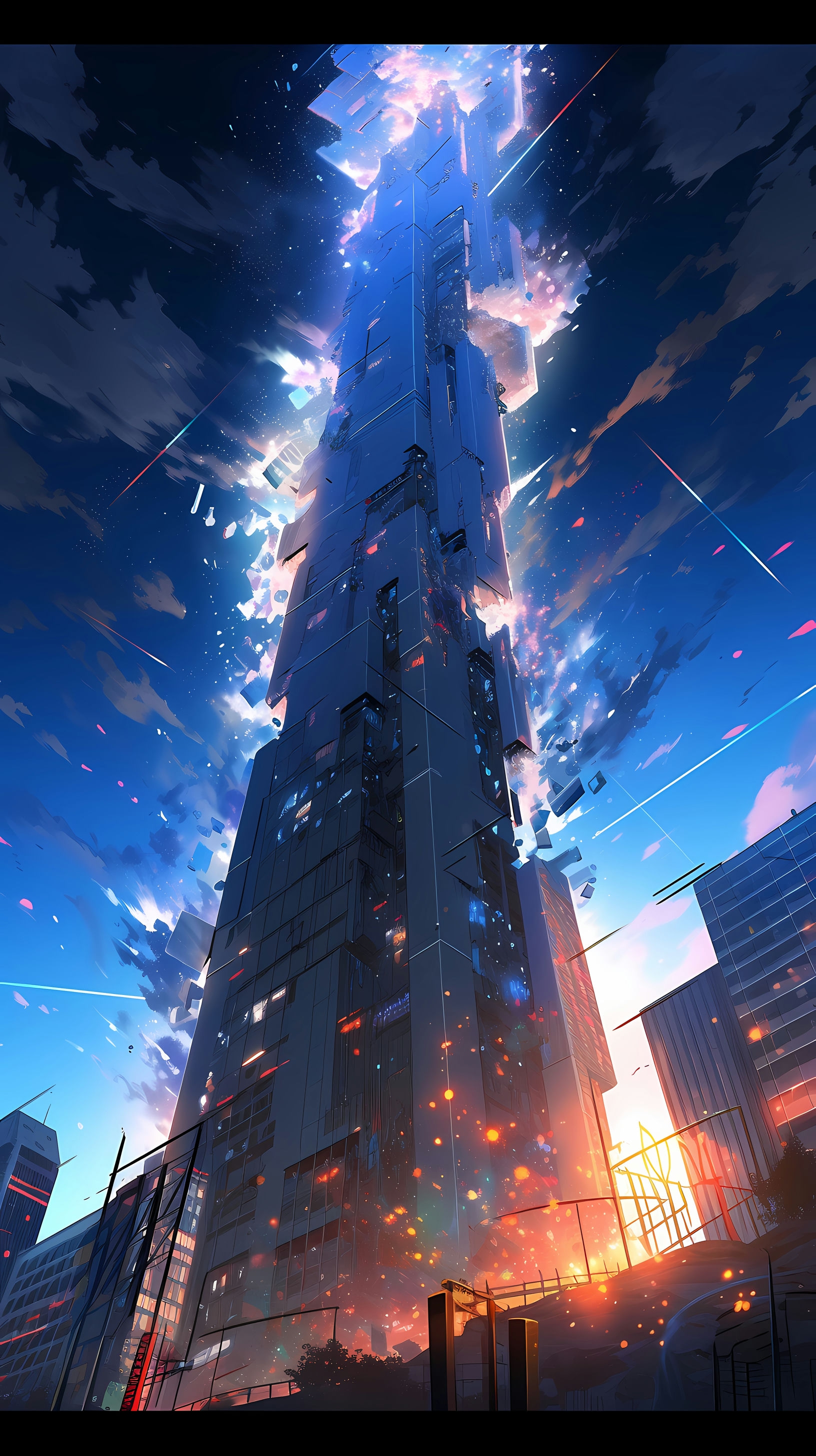 This anime wallpaper captures a dramatic and futuristic cityscape under a dark, cloudy sky