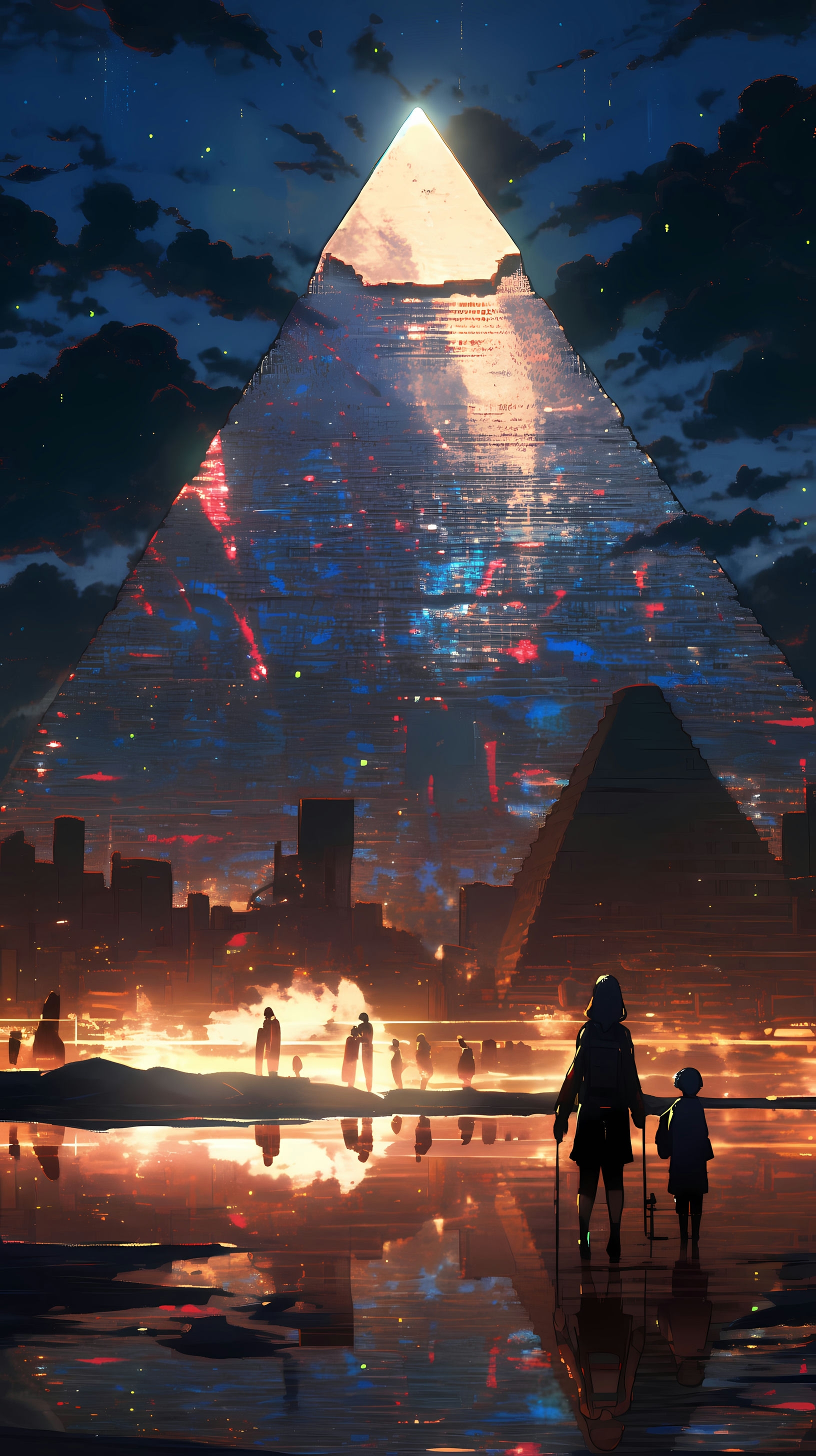 This captivating anime wallpaper depicts a futuristic cityscape illuminated by a massive, glowing pyramid structure