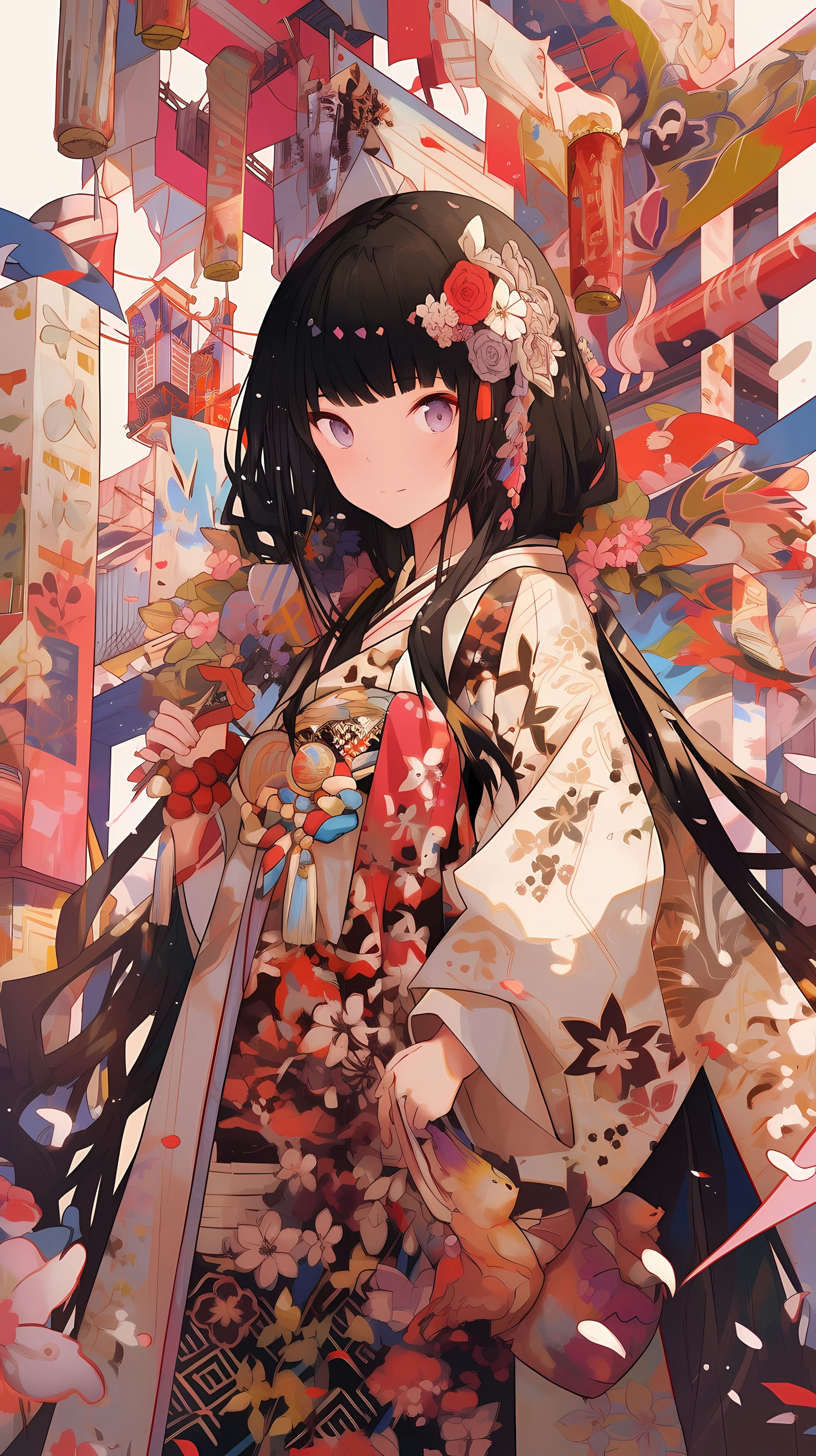 This anime wallpaper features a captivating young woman dressed in a traditional kimono adorned with intricate floral patterns