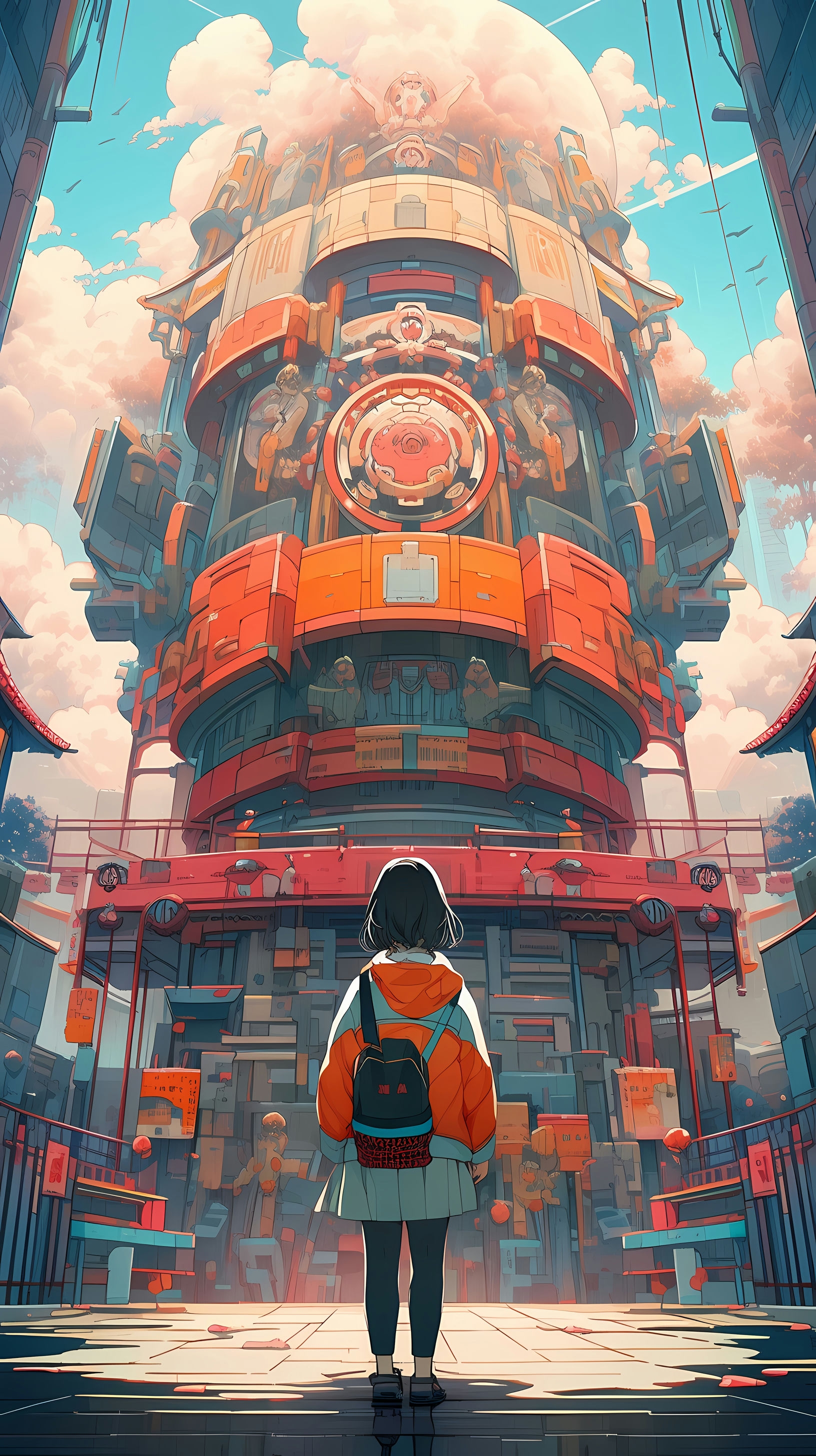 This captivating anime wallpaper showcases a young adventurer standing before a towering, multi-layered structure that appears to be a blend of ancient and futuristic architecture