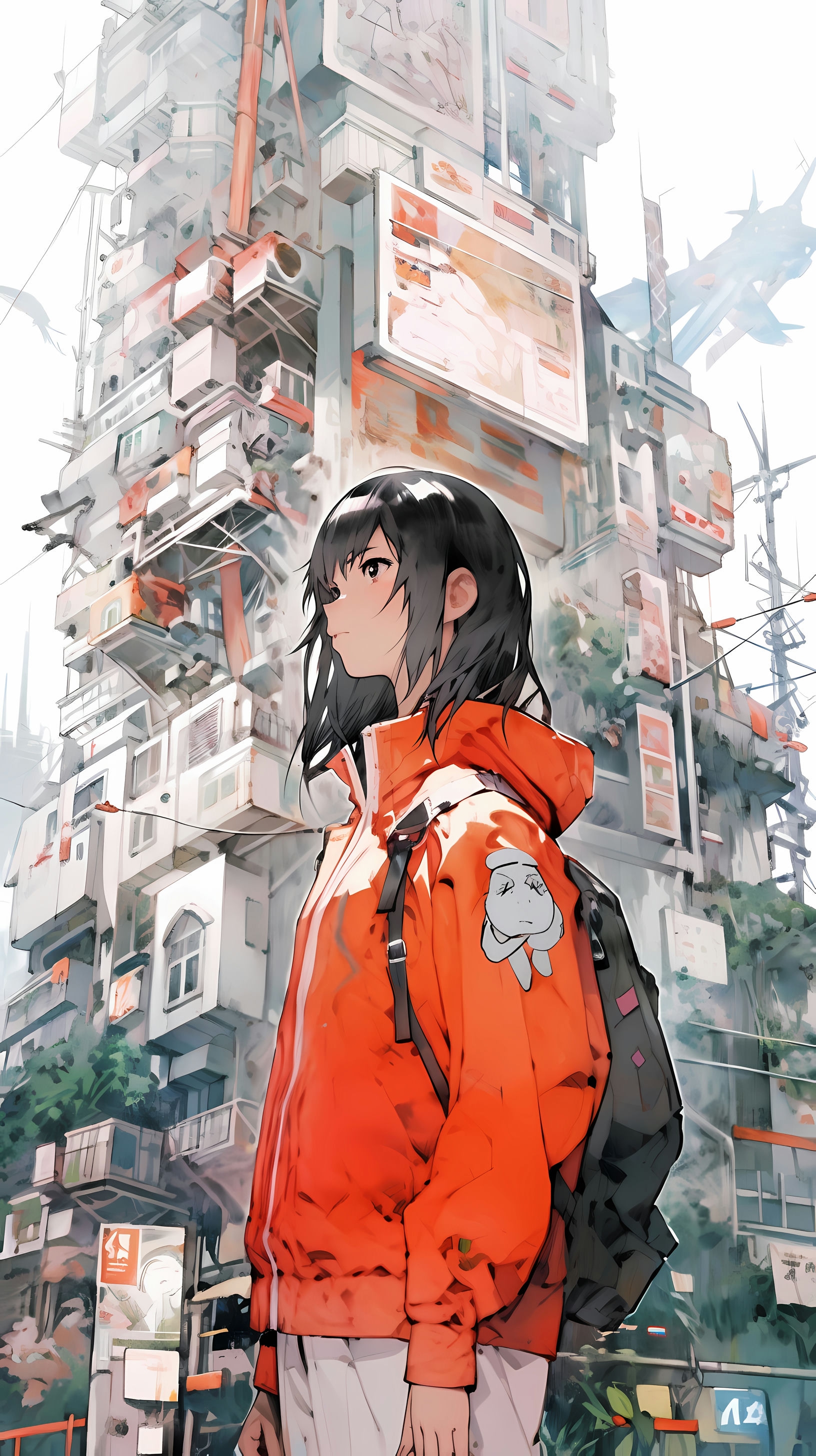 This anime wallpaper captures a moment of intrigue and mystery in an urban setting