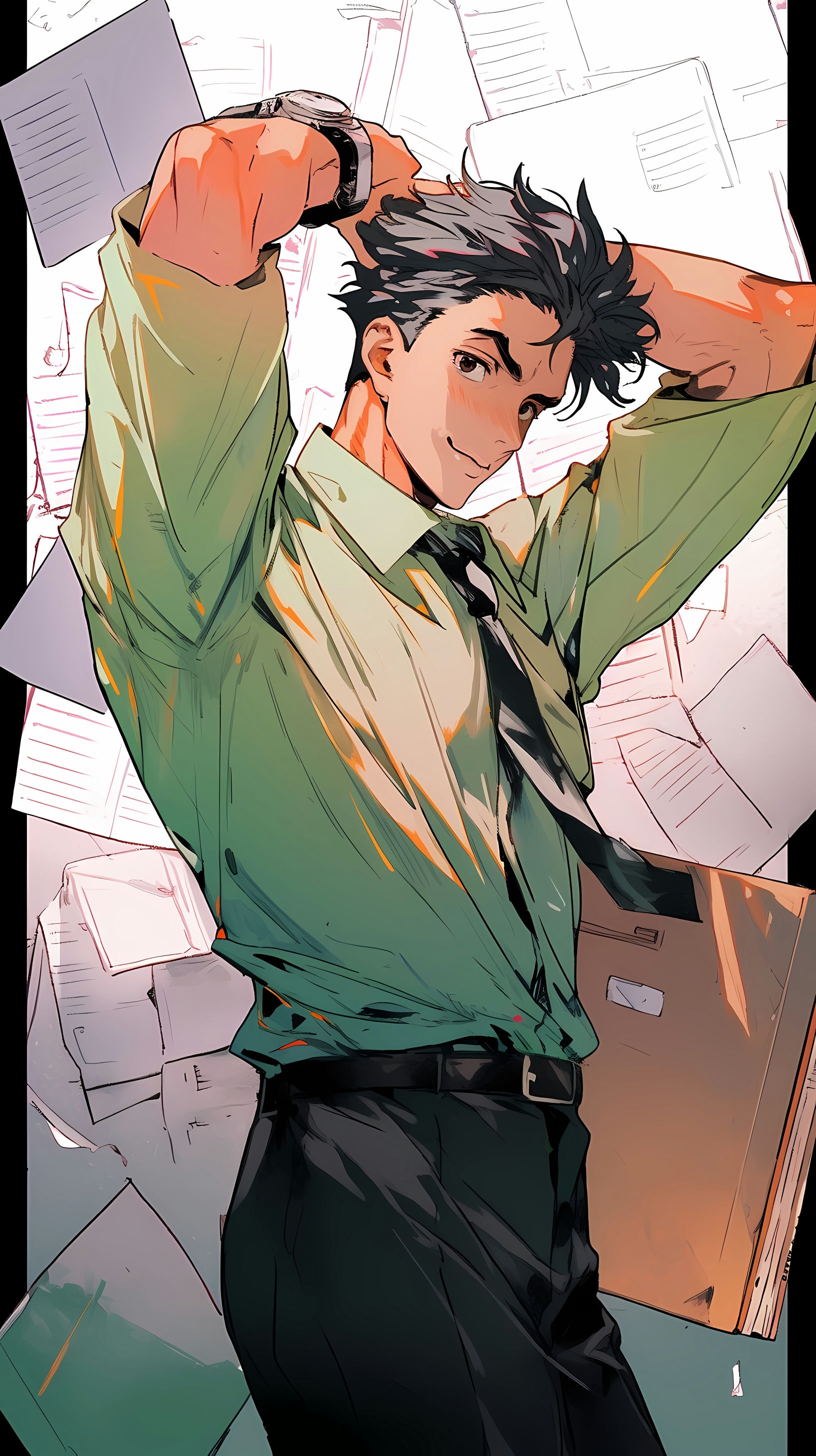 This anime wallpaper features a classic detective character, dressed in a green shirt and black tie, exuding an air of mystery and intelligence