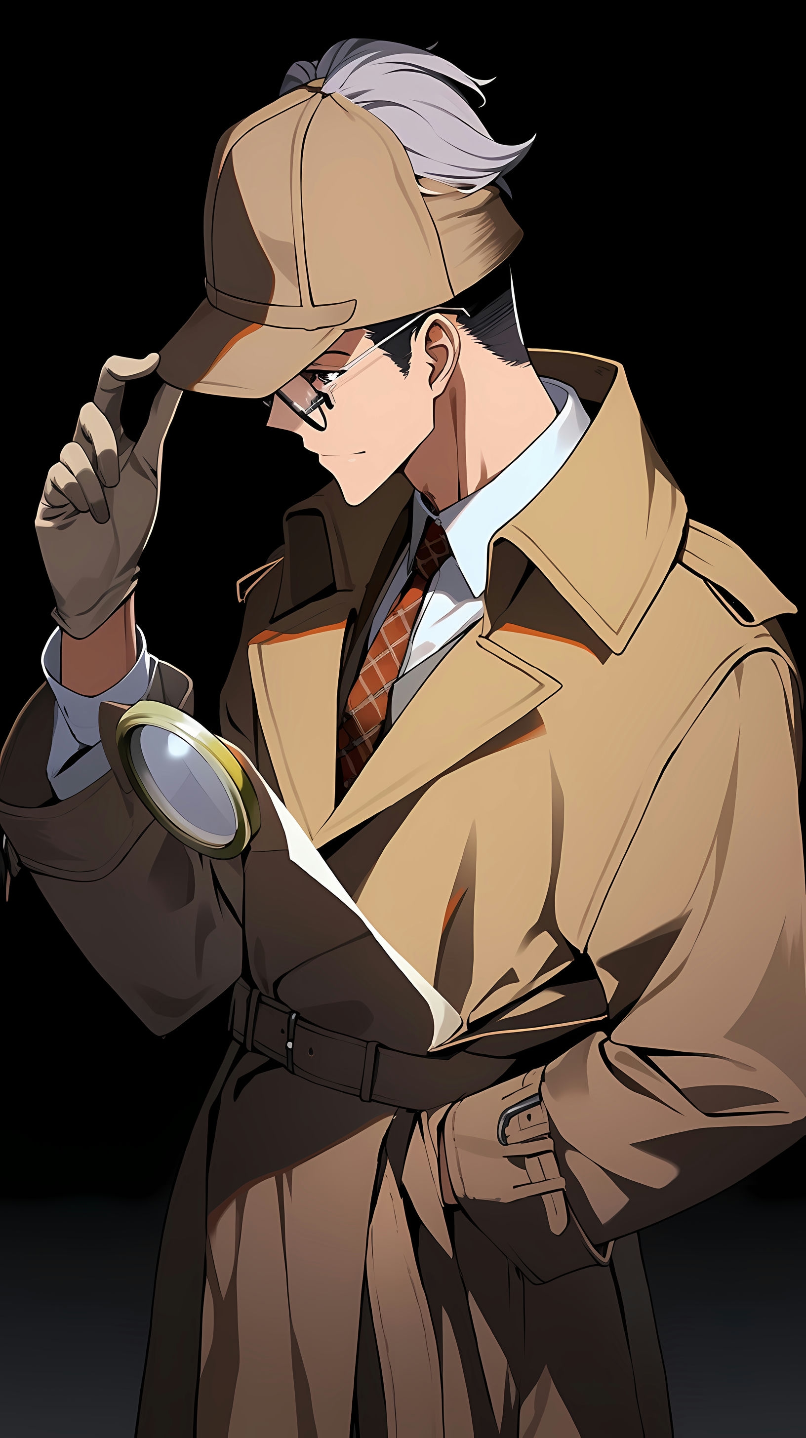 This anime wallpaper features a stylish detective, donned in a classic trench coat and hat, meticulously examining a scene with a magnifying glass