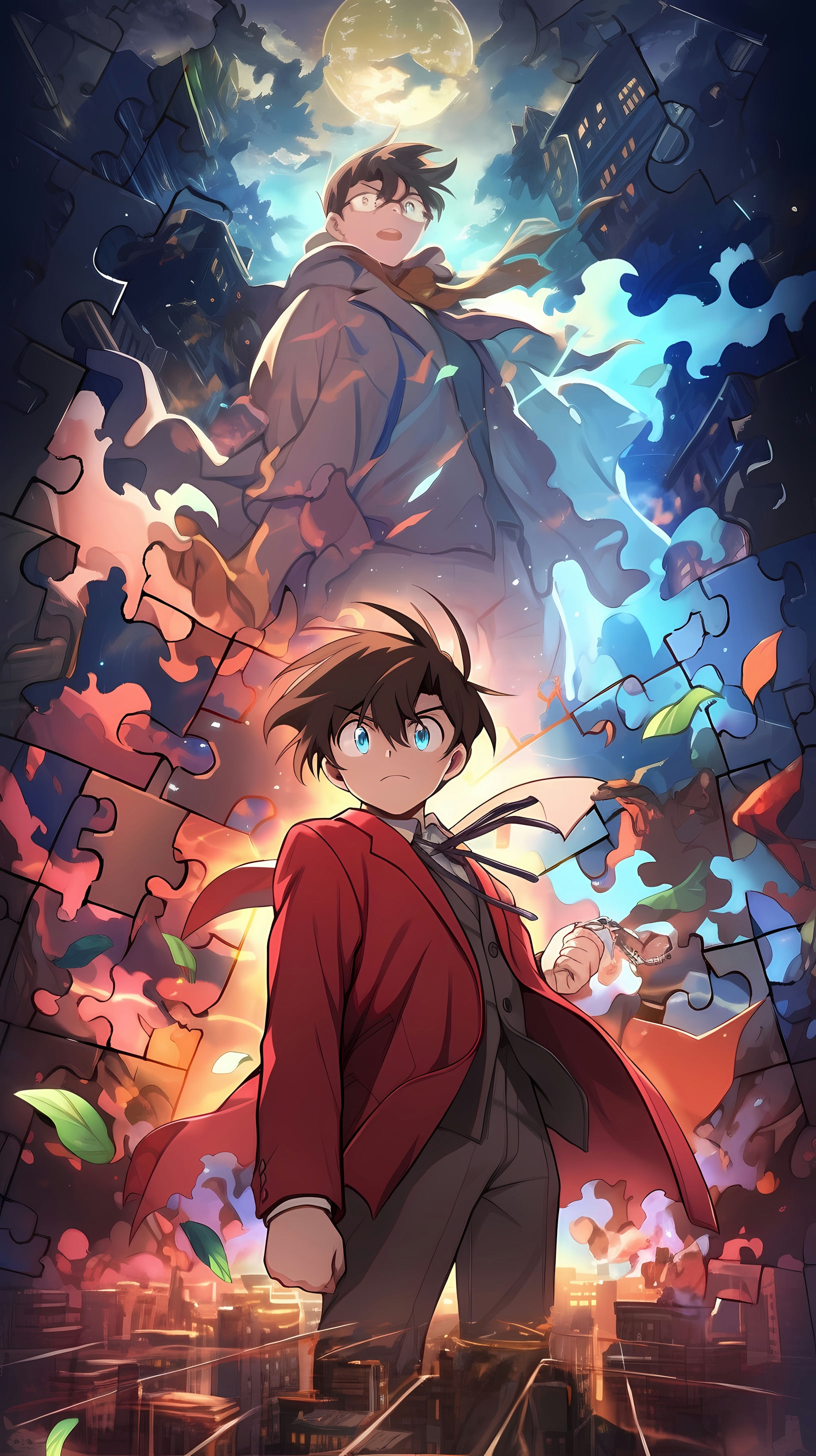 This anime wallpaper features a dramatic and action-packed scene from the popular series 'Case Closed