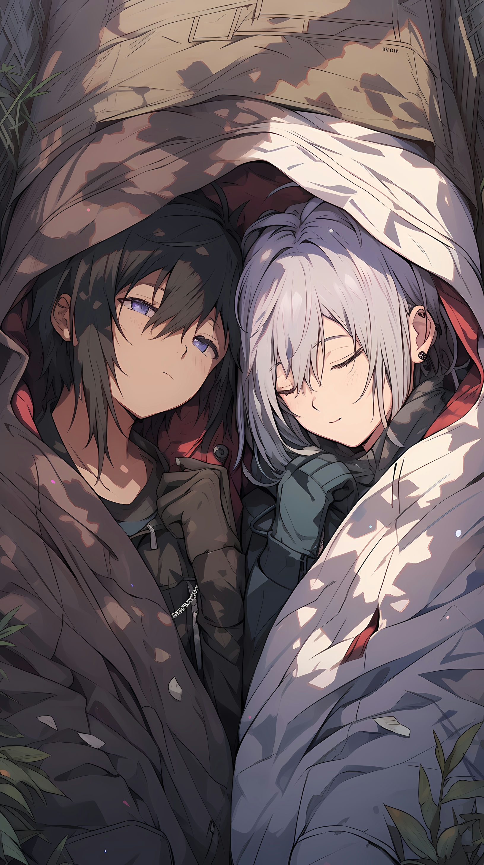 This captivating anime wallpaper features two young characters sharing an intimate moment under a camouflage-patterned umbrella