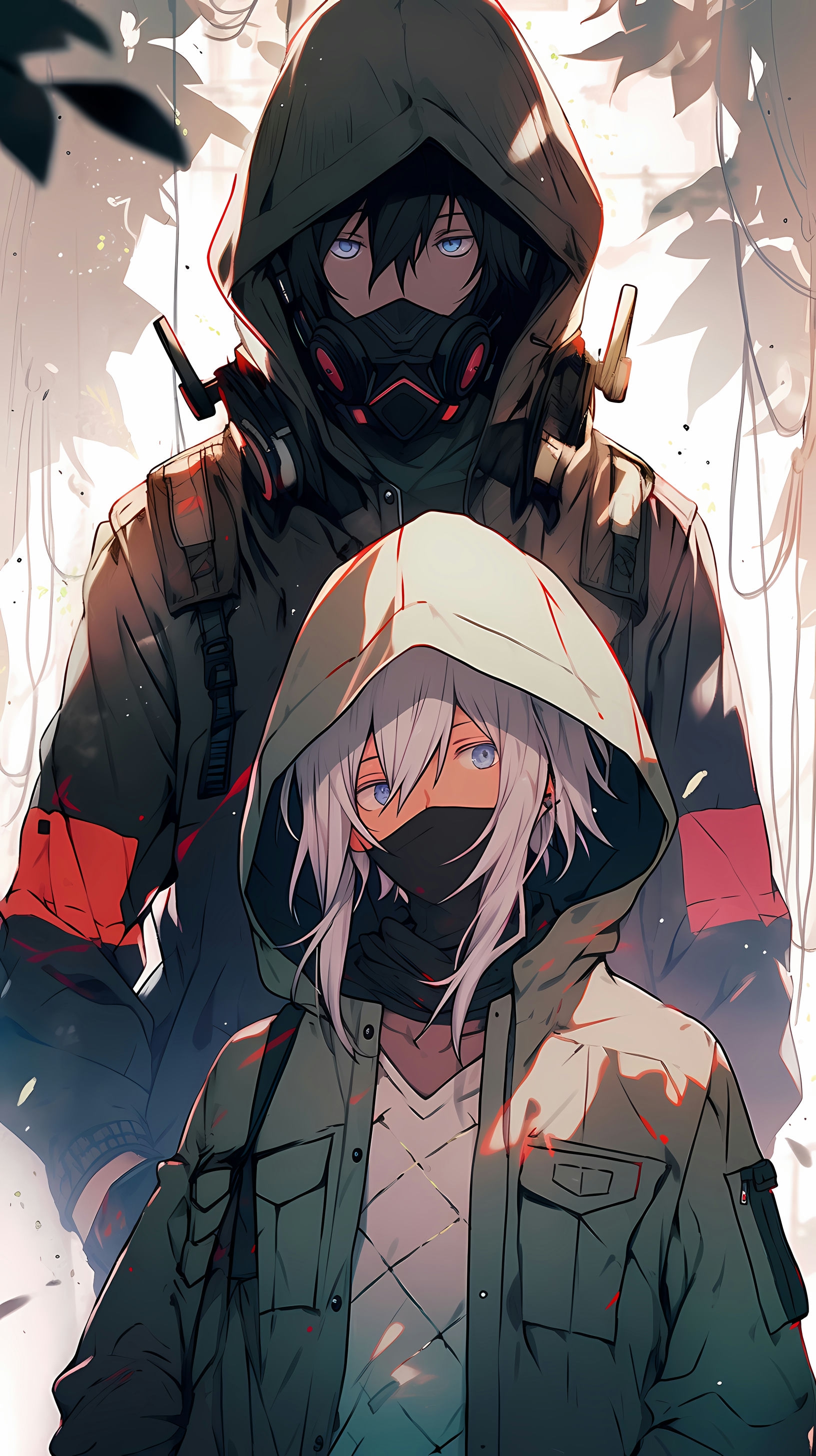 This anime wallpaper features two mysterious characters, each exuding an air of intrigue and intensity