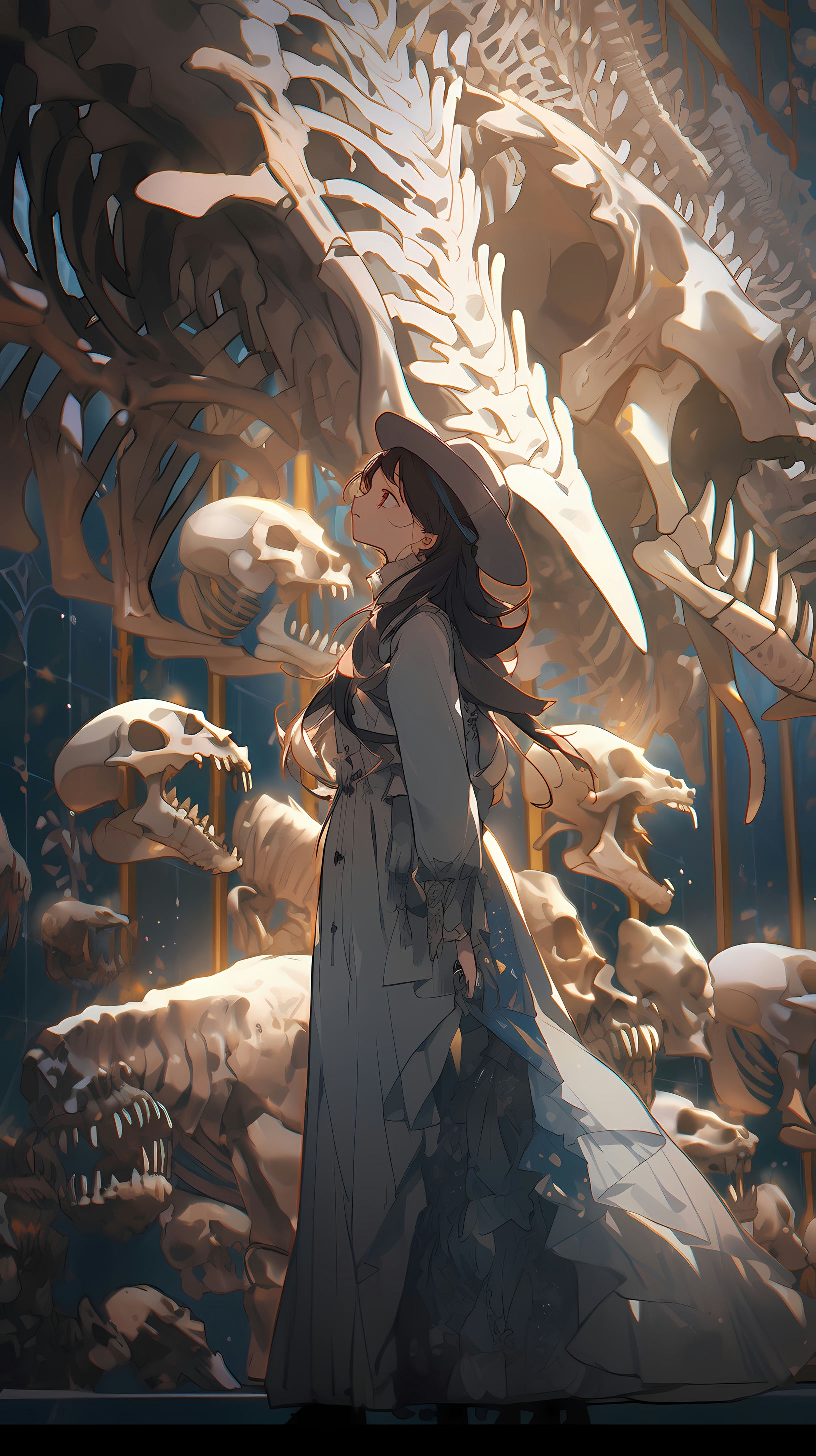 This captivating anime wallpaper depicts a mysterious figure standing amidst a collection of human bones