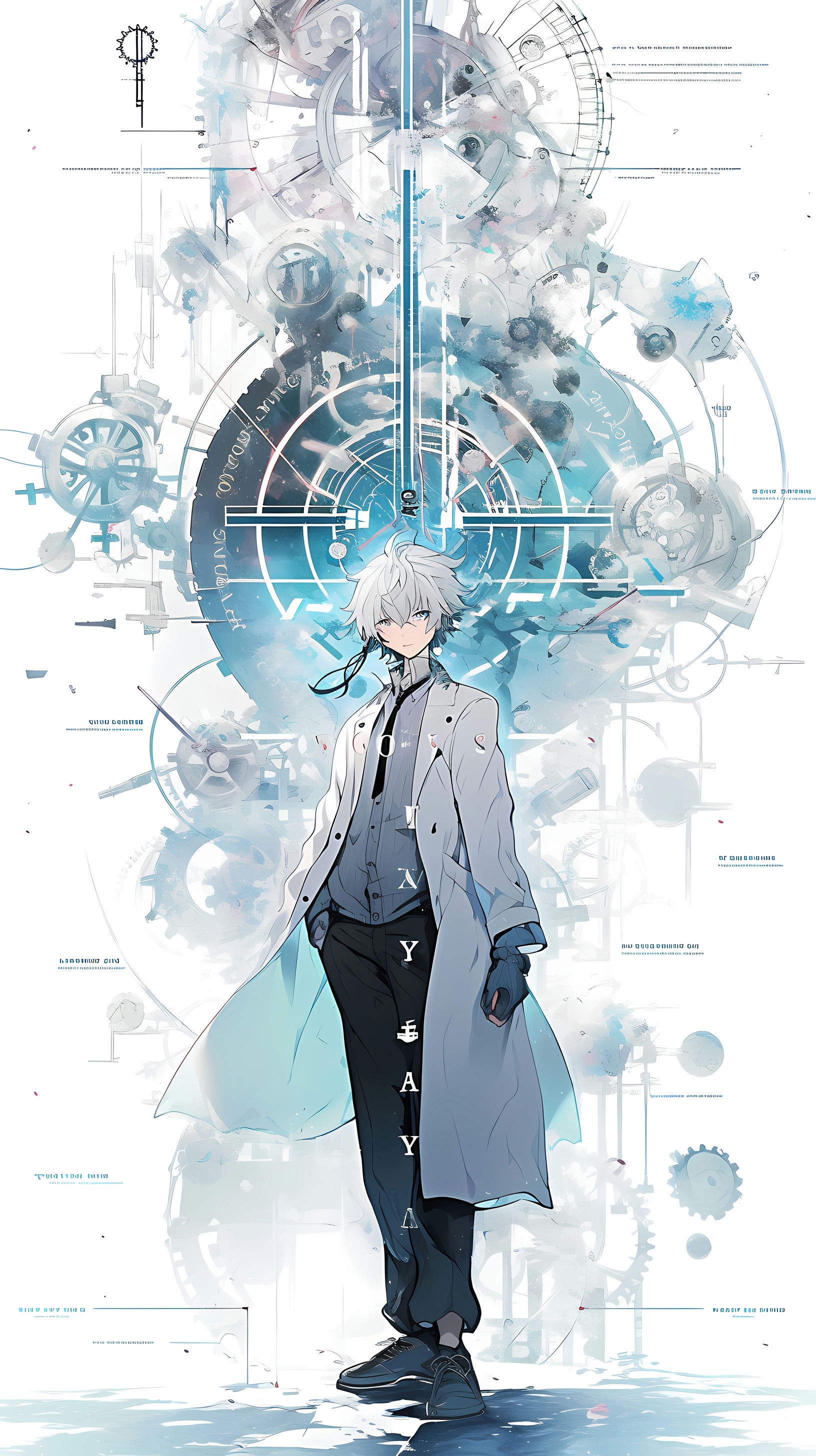 This anime wallpaper features a sophisticated and enigmatic character standing amidst a futuristic, technological backdrop