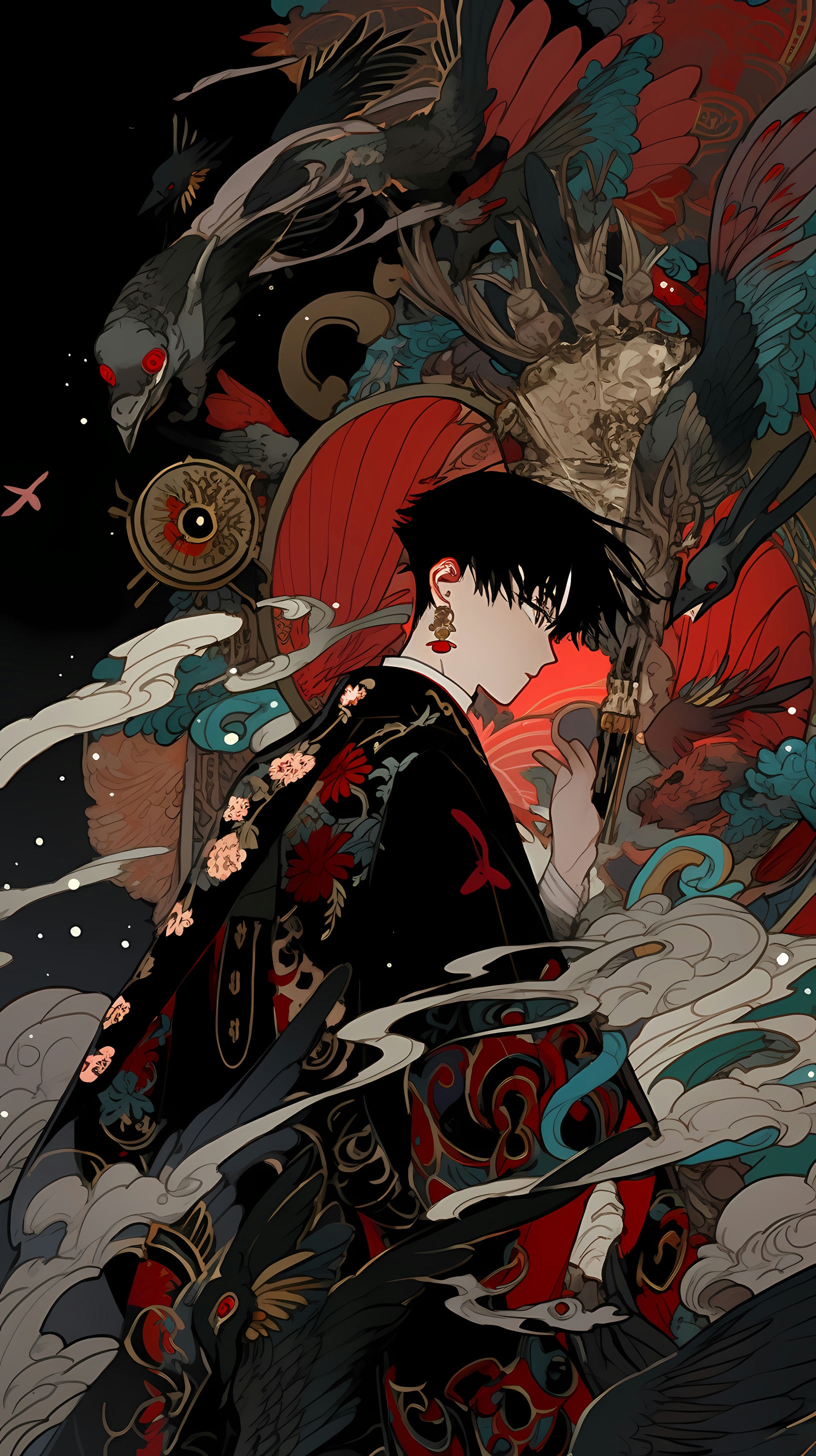This anime wallpaper captures a mesmerizing and eerie atmosphere