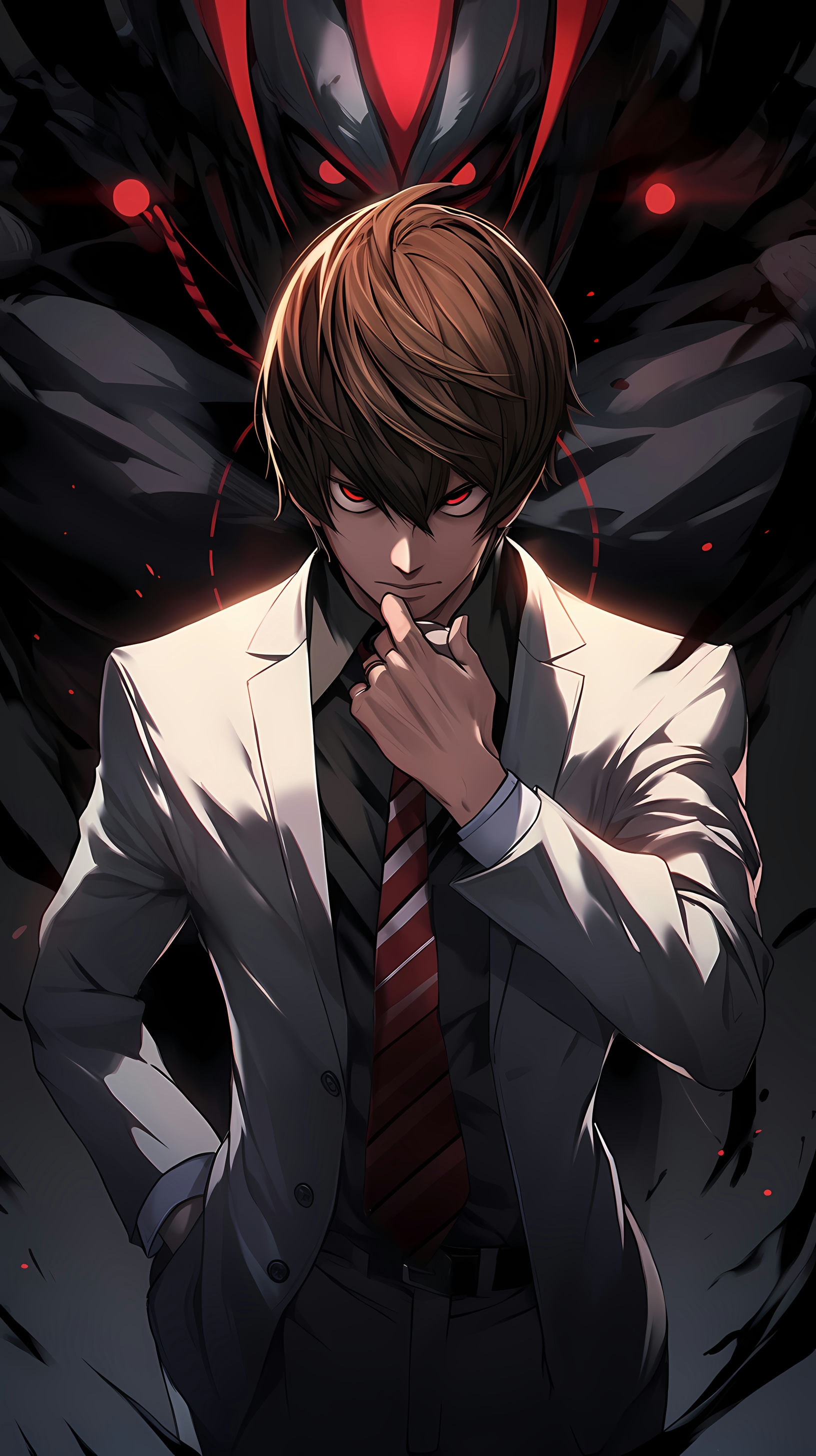 This anime wallpaper features a young man with short brown hair, dressed in a formal gray suit and red tie