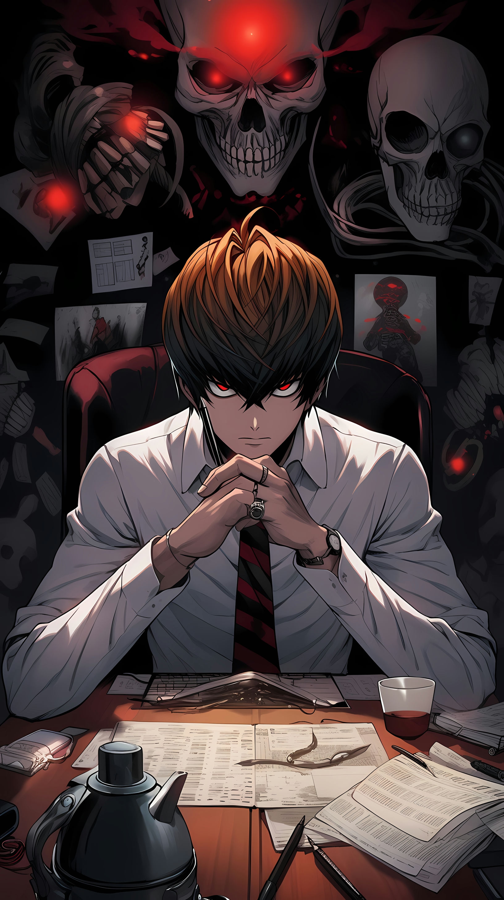 This anime wallpaper captures a moment of intense strategizing