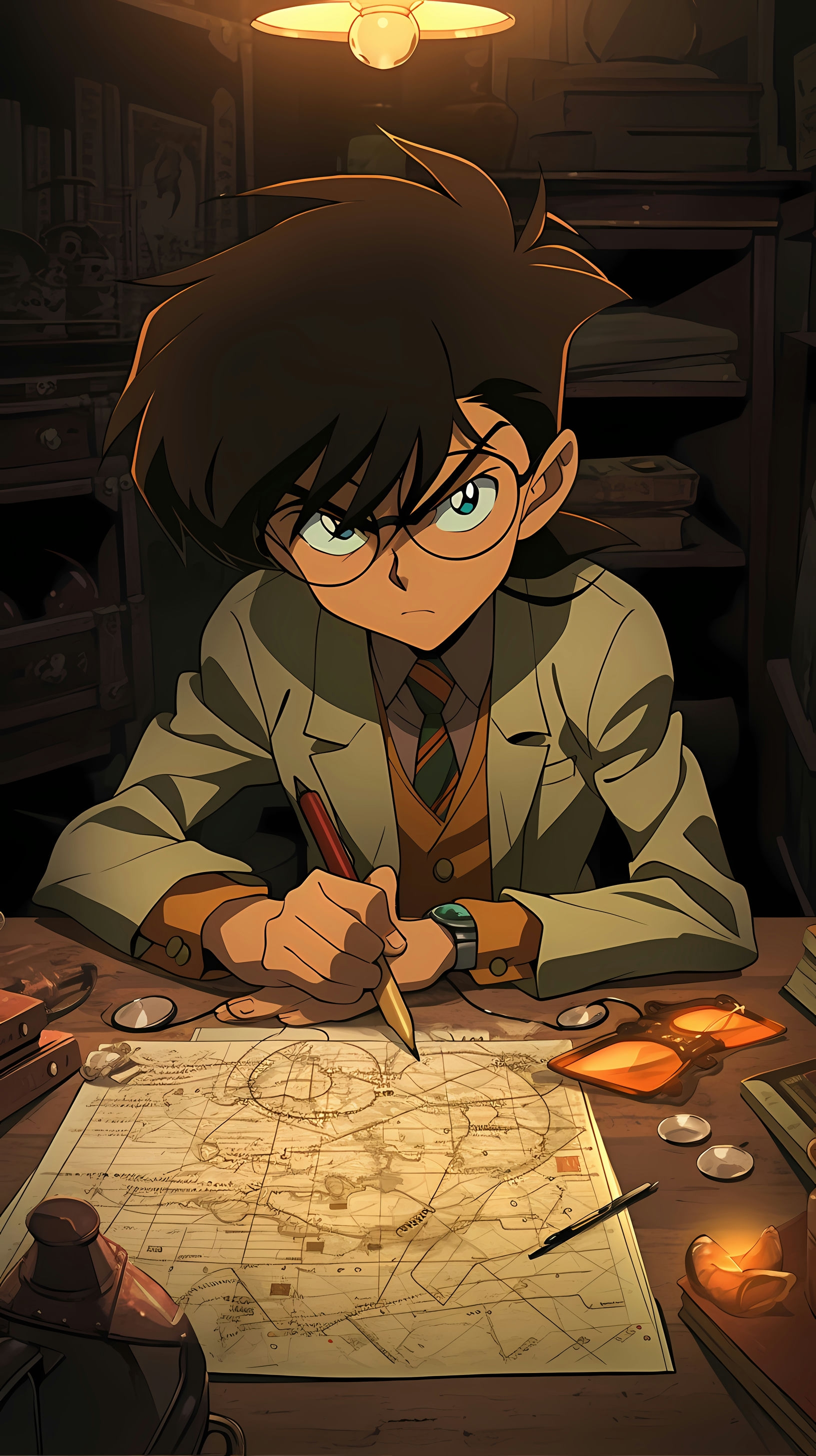 This anime wallpaper features the young and brilliant detective Conan Edogawa, intently studying a detailed map spread out on a wooden table