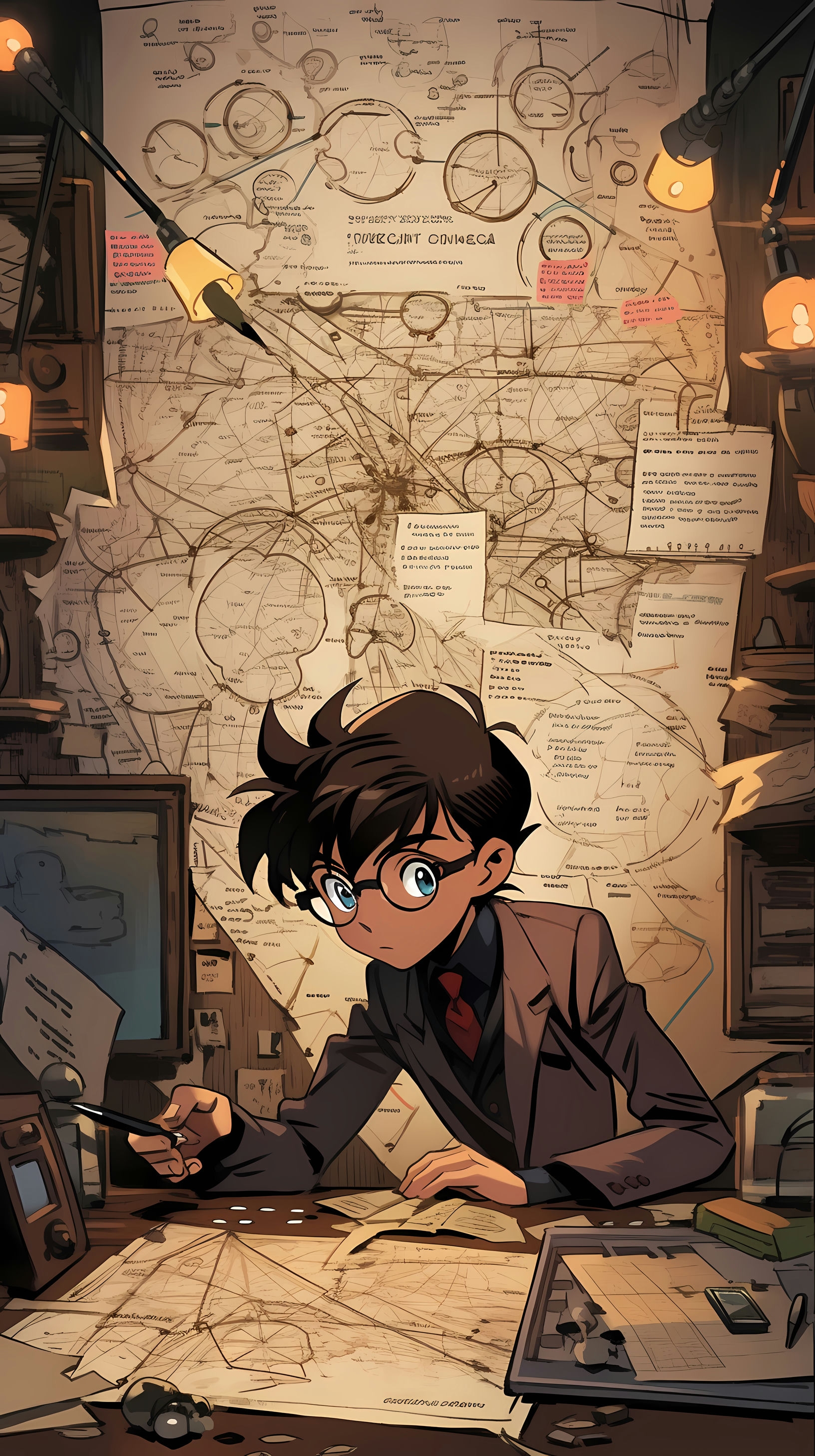 This anime wallpaper captures a moment of intense focus and investigation