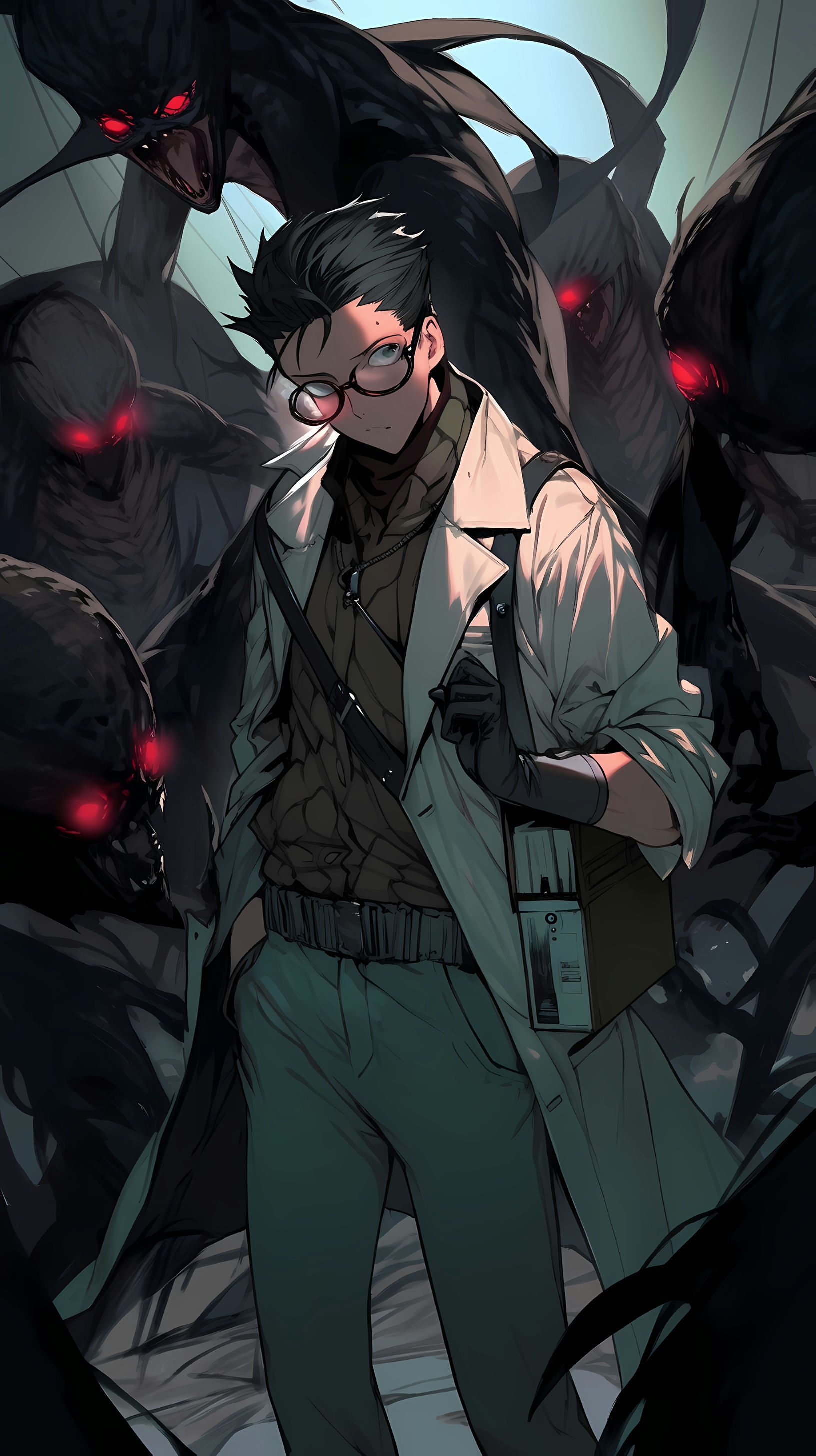 This anime wallpaper captures a dark and suspenseful scene featuring a mysterious figure amidst an eerie landscape