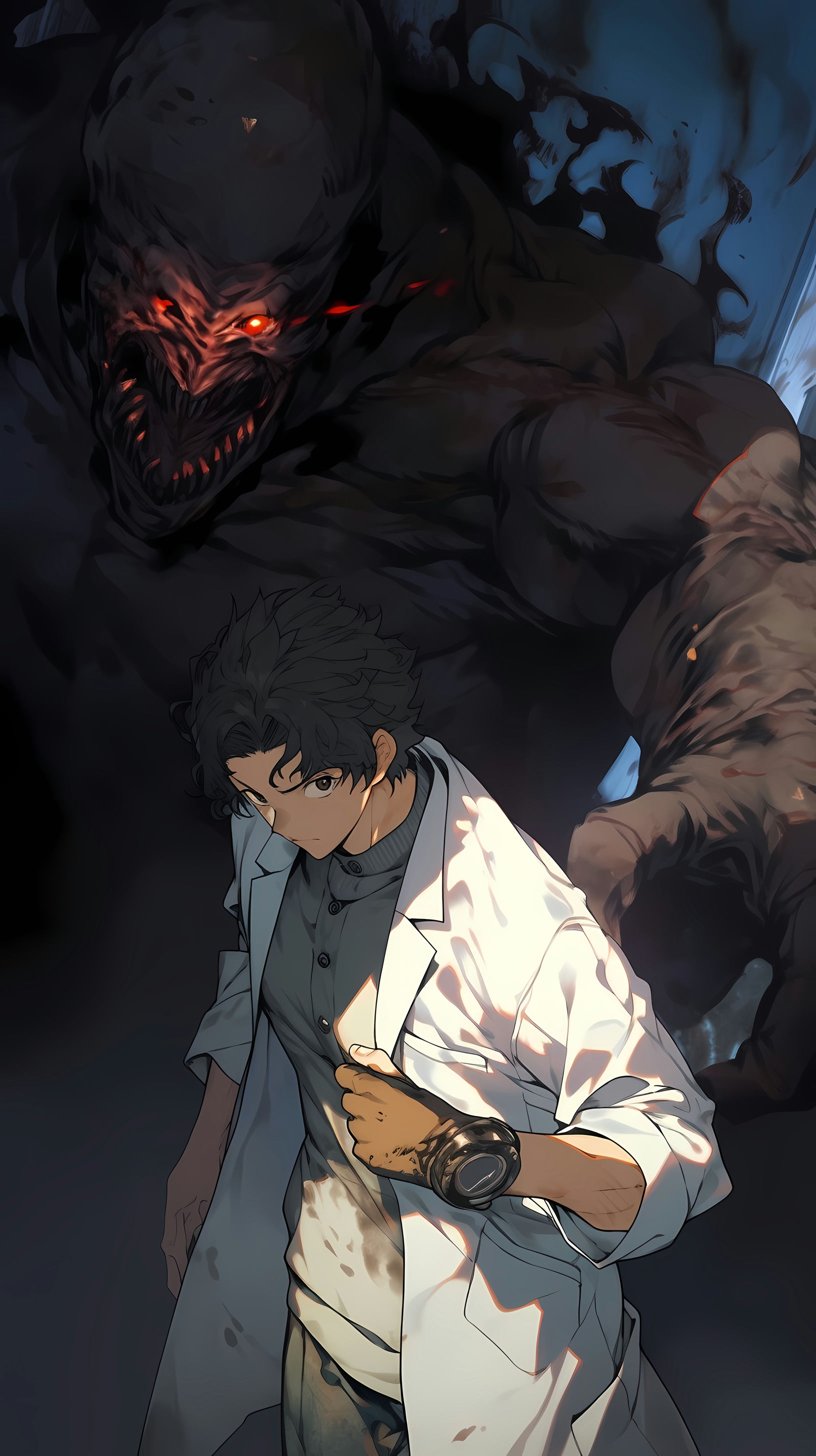 This anime wallpaper captures a tense and dramatic moment, featuring a young boy standing defiantly against a towering, menacing monster