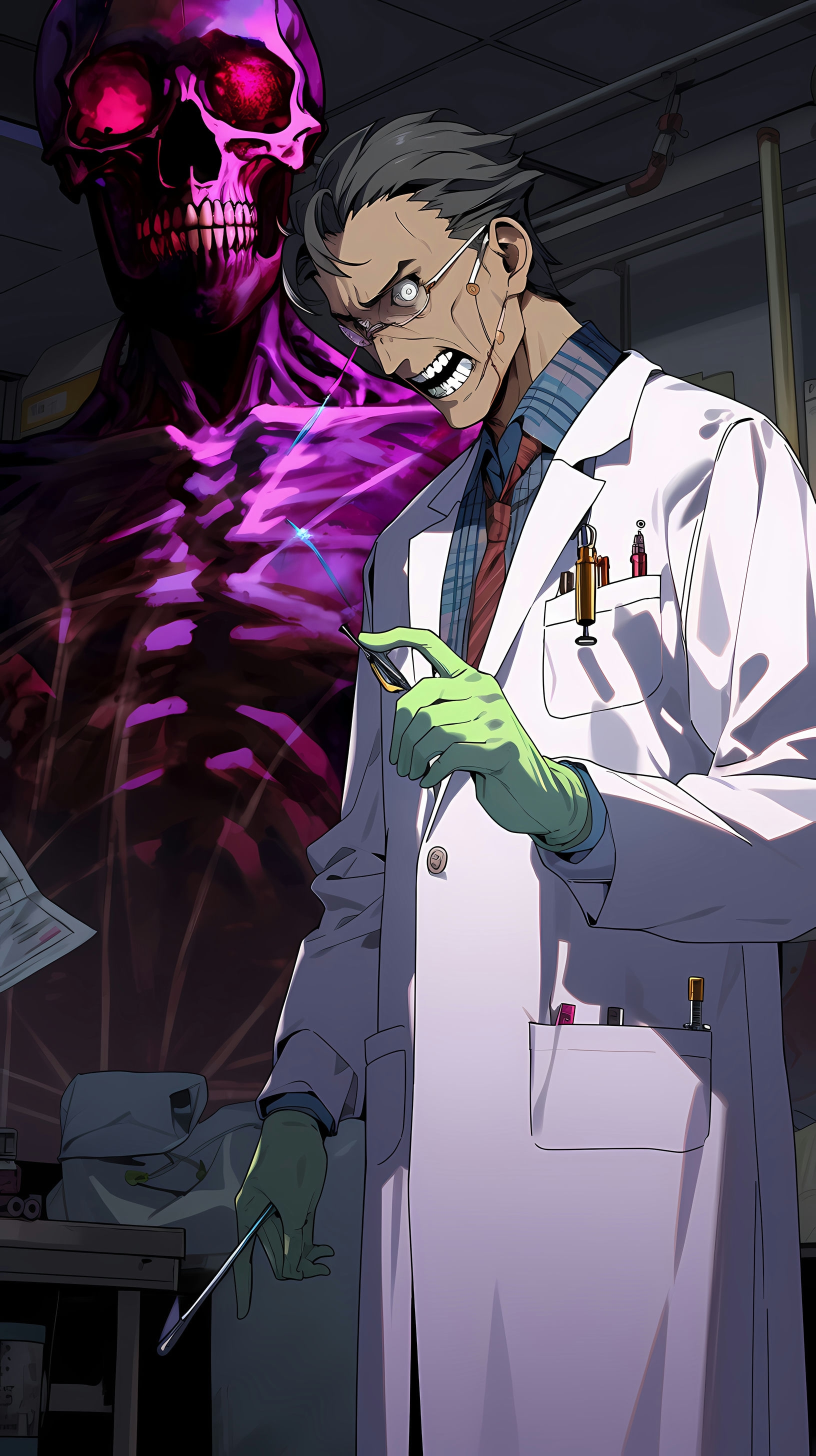 This anime wallpaper captures a chilling and suspenseful moment in a dimly lit laboratory