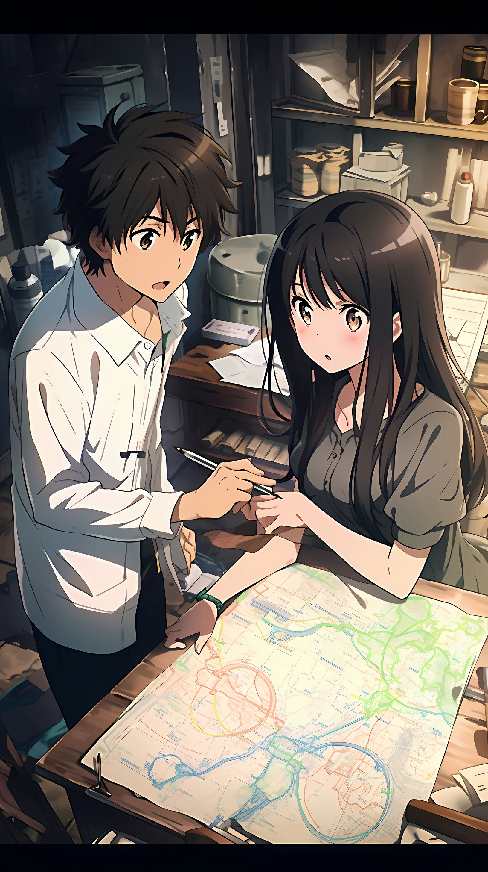 This anime wallpaper captures a moment from the series 'Hyouka,' featuring two characters deeply engrossed in solving a mystery