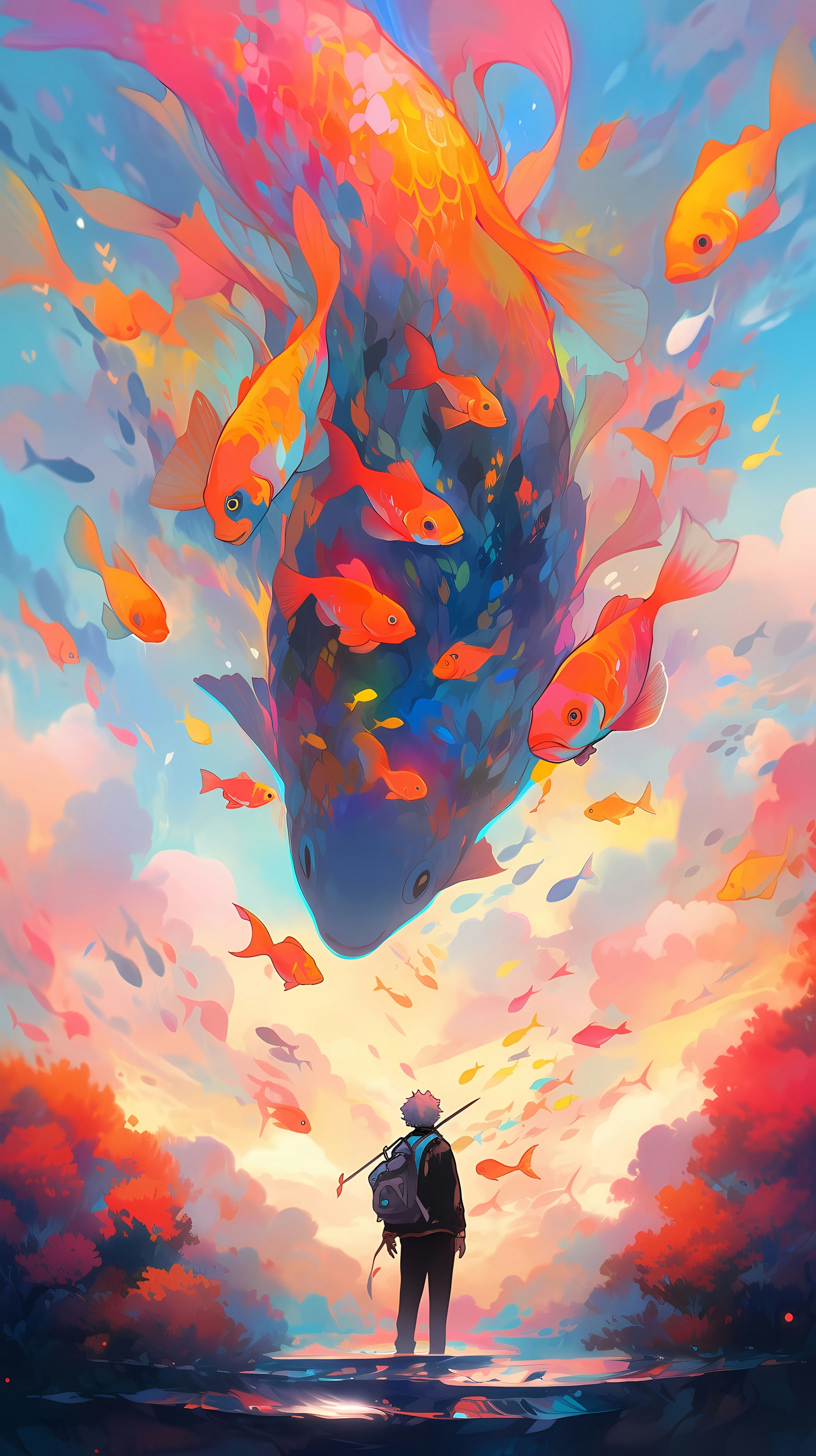 This anime wallpaper captures a surreal and dreamlike scene with a lone figure standing amidst a vibrant explosion of colors