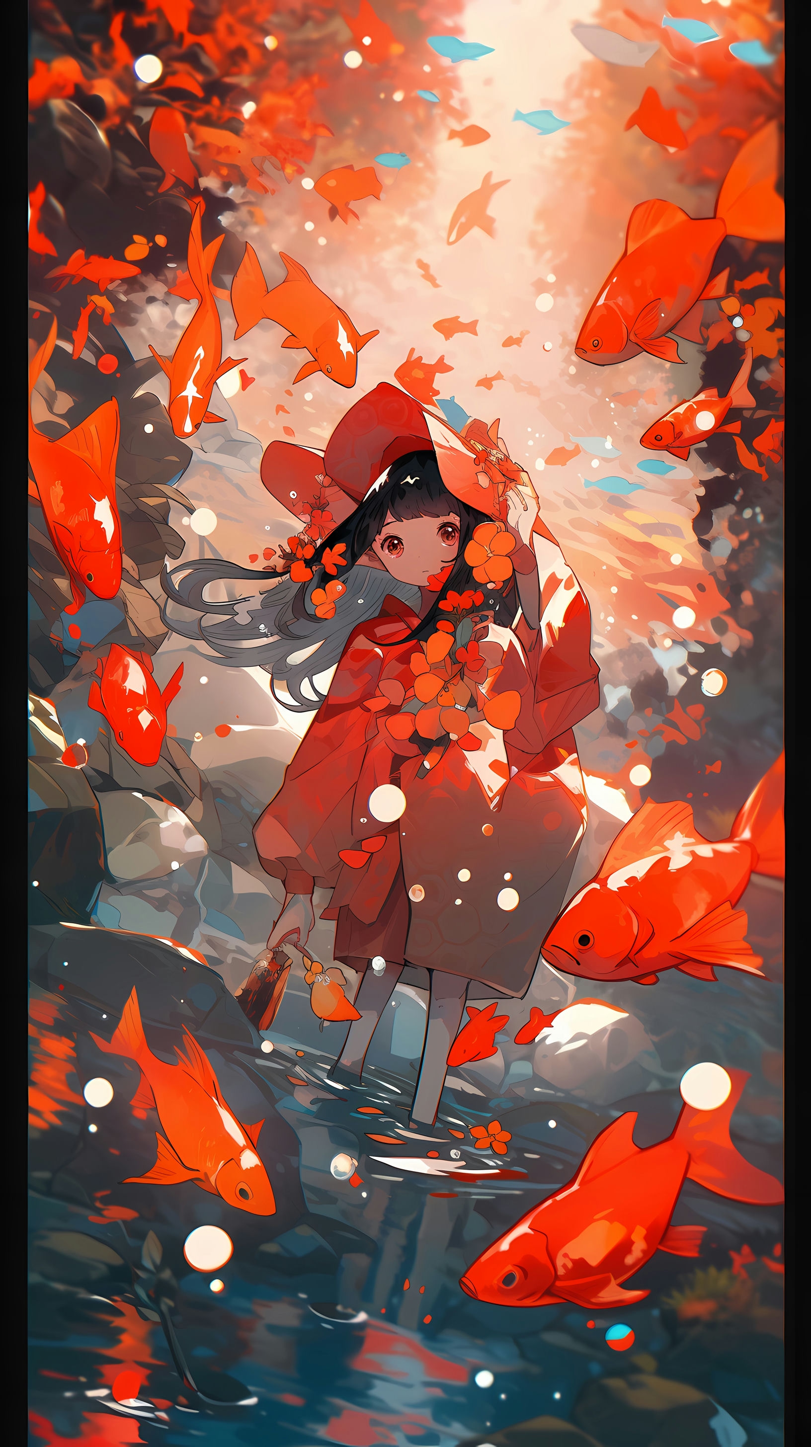 This anime wallpaper features a surreal and captivating scene with a character surrounded by vibrant red koi fish