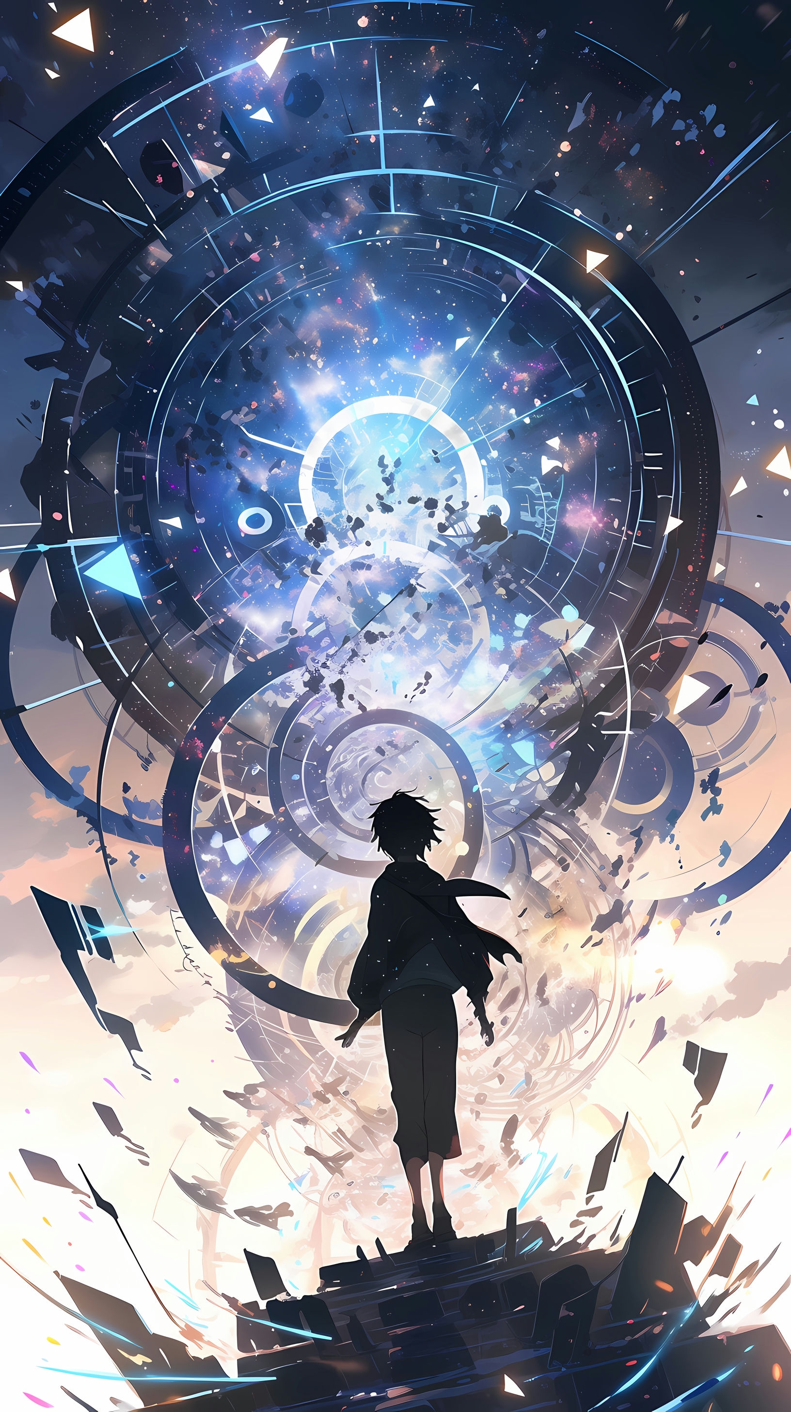 This captivating anime wallpaper showcases a scene from Steins Gate, where a lone figure stands amidst a swirling vortex of time and space