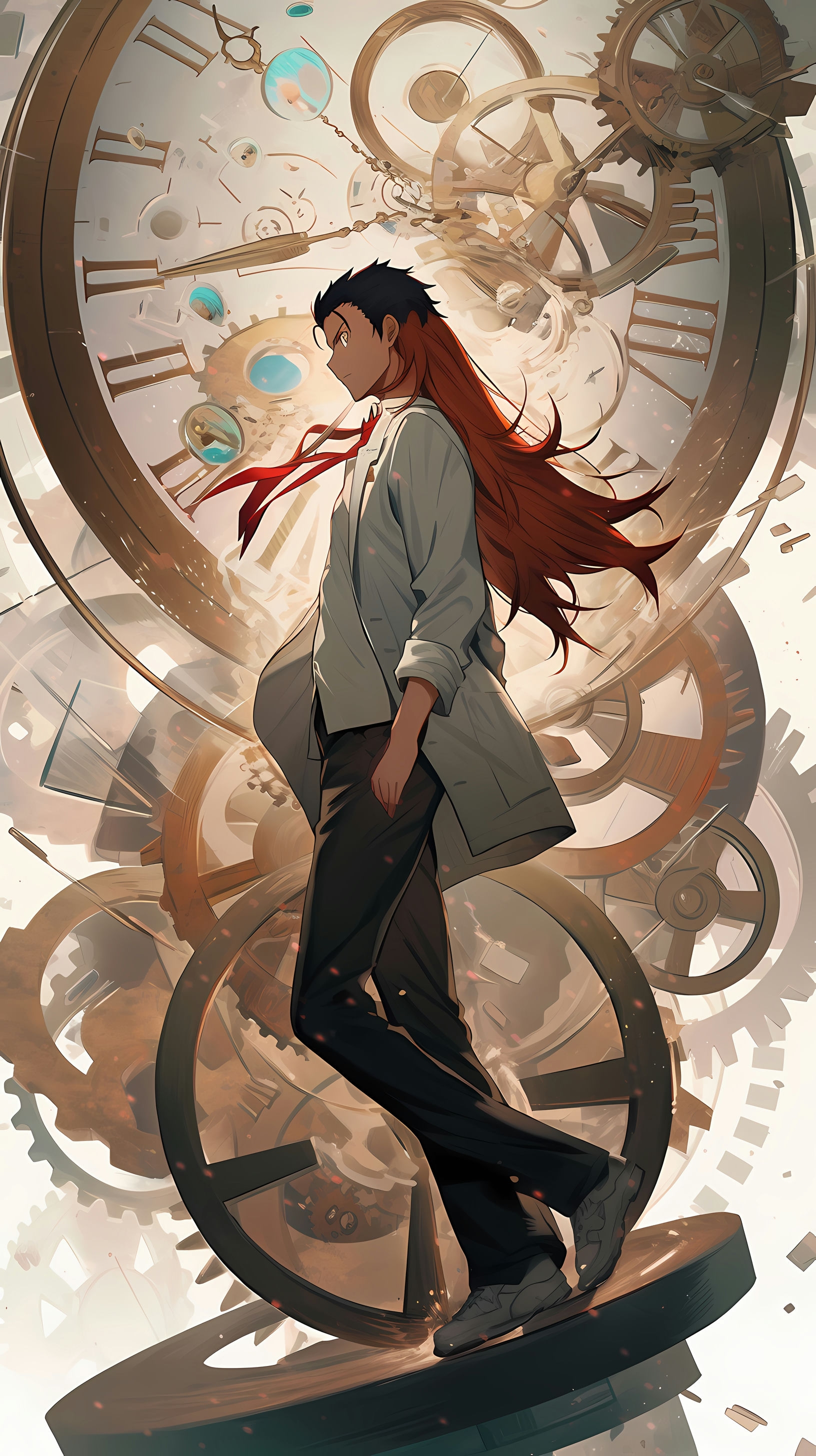 This captivating anime wallpaper features a young man with striking red hair, standing amidst a complex arrangement of clocks and time-manipulating machinery