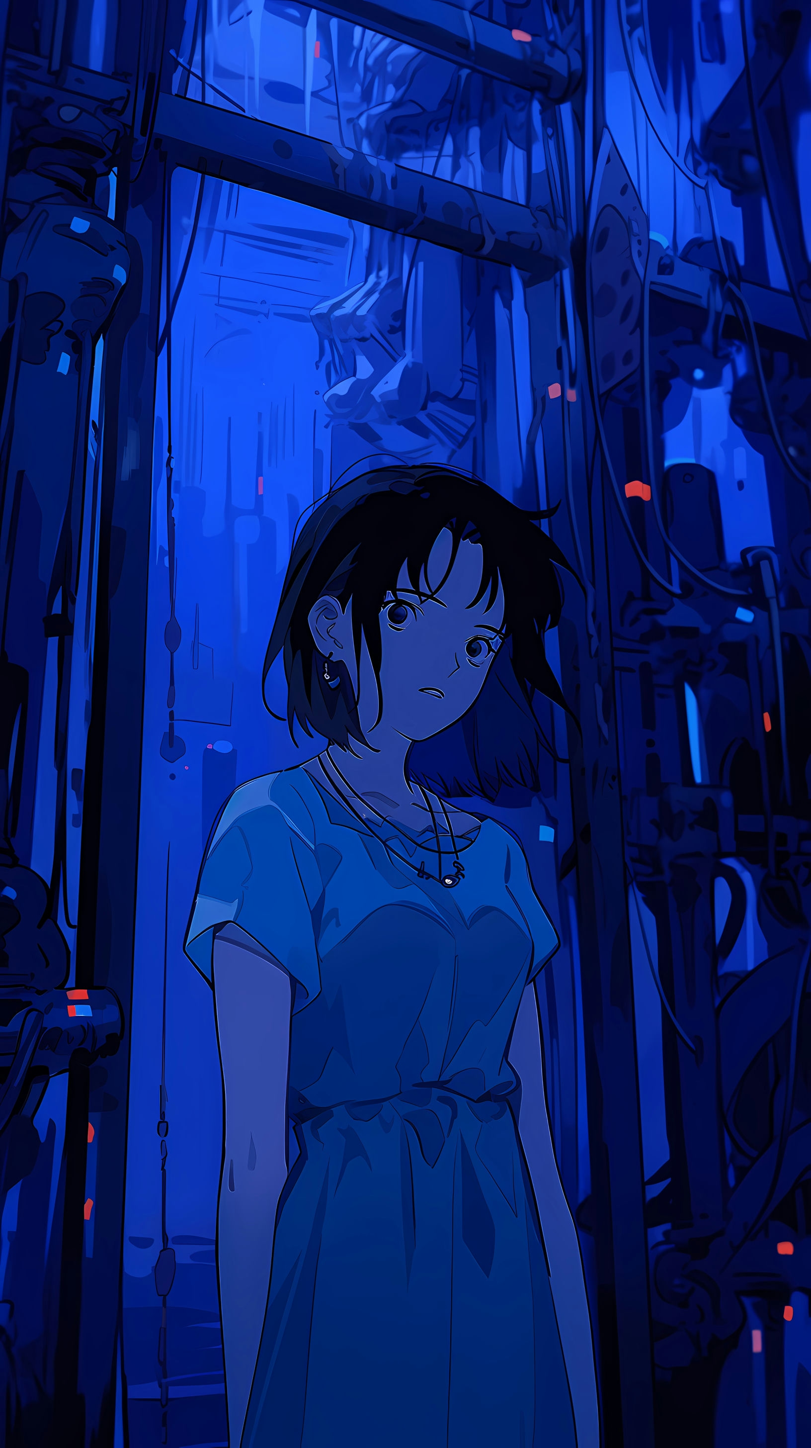 This captivating anime wallpaper features a young woman with short dark hair, dressed in a light blue dress, standing amidst an eerie, futuristic setting