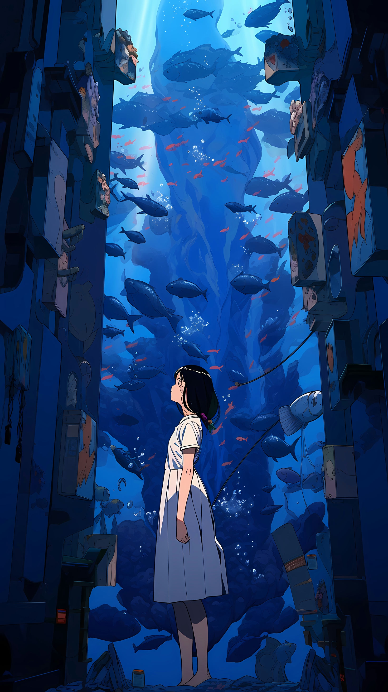 This enchanting anime wallpaper captures a young girl in a flowing white dress, standing at the edge of a vast, deep blue abyss