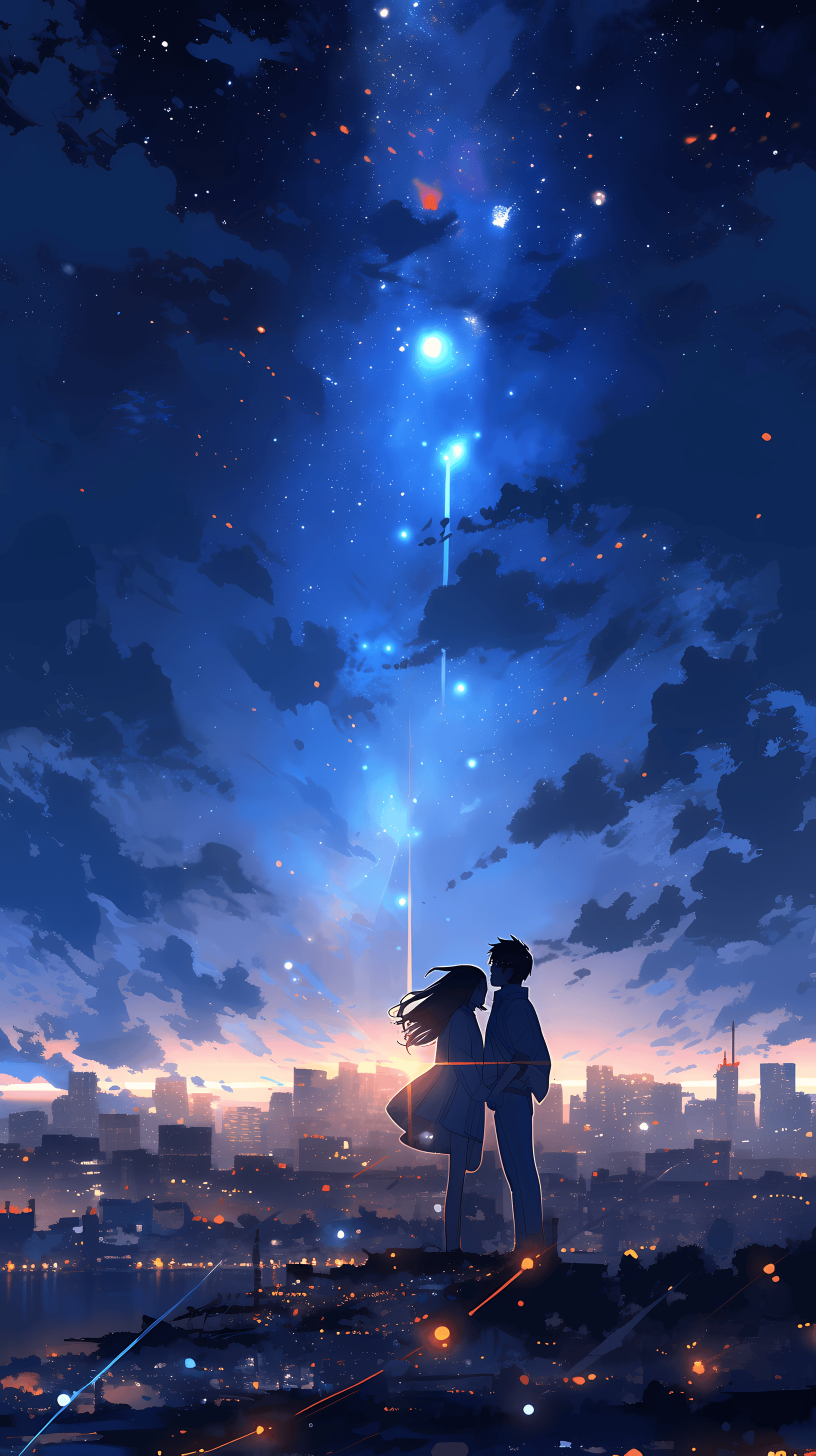 This enchanting anime wallpaper captures a romantic moment under a star-studded night sky