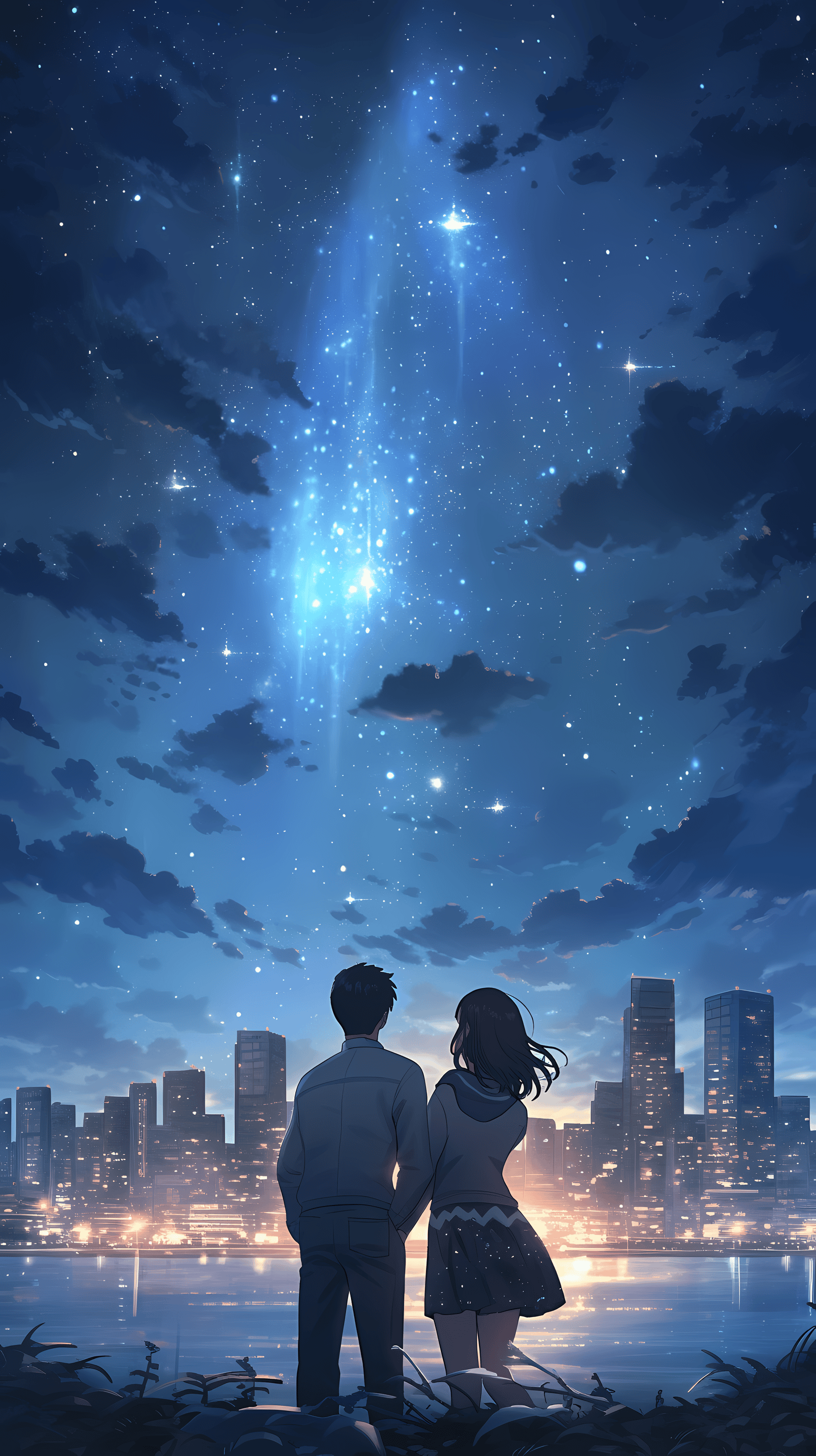 This enchanting anime wallpaper captures a romantic moment under a star-studded night sky