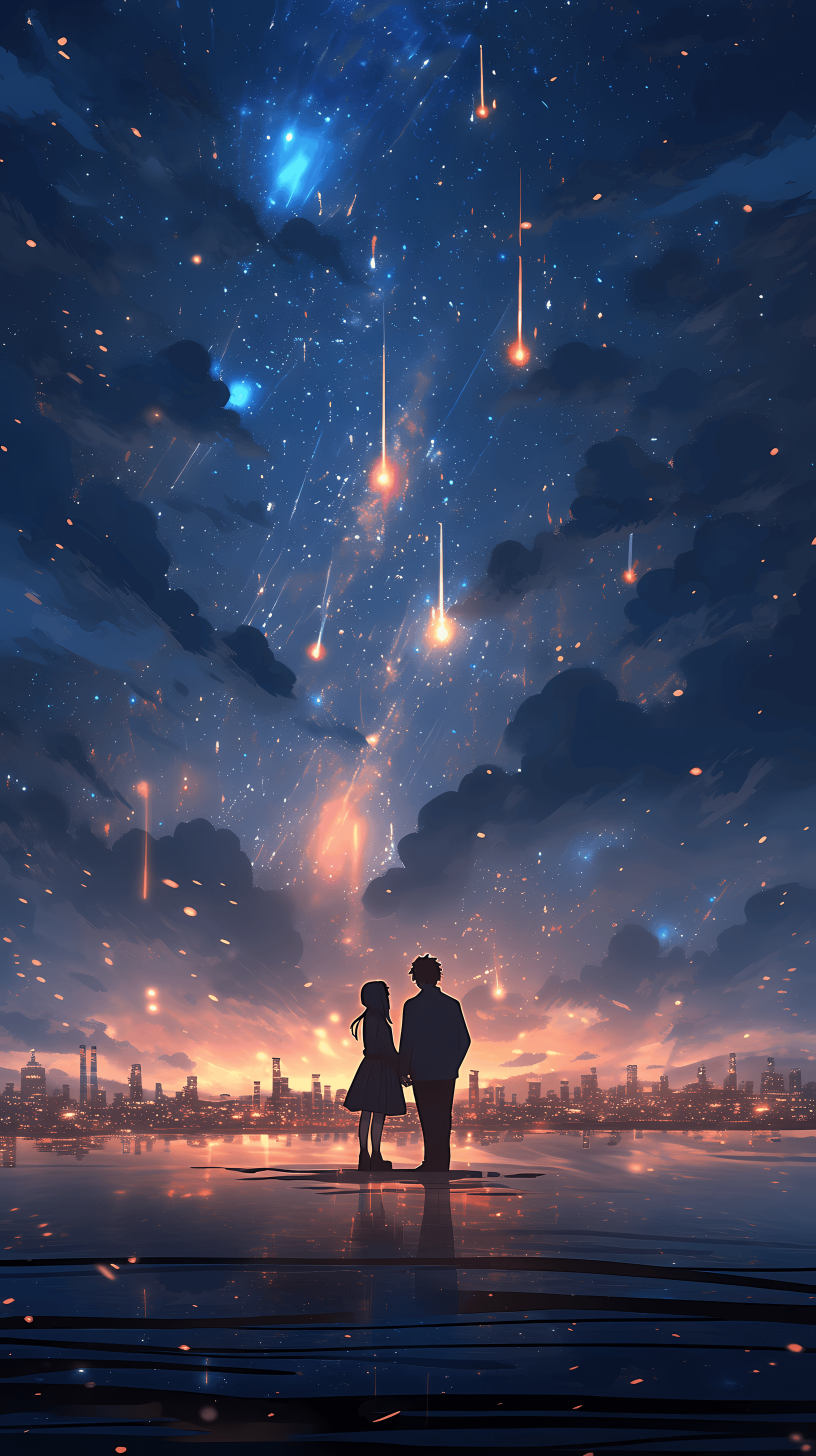 This enchanting anime wallpaper captures a serene night scene under a star-studded sky