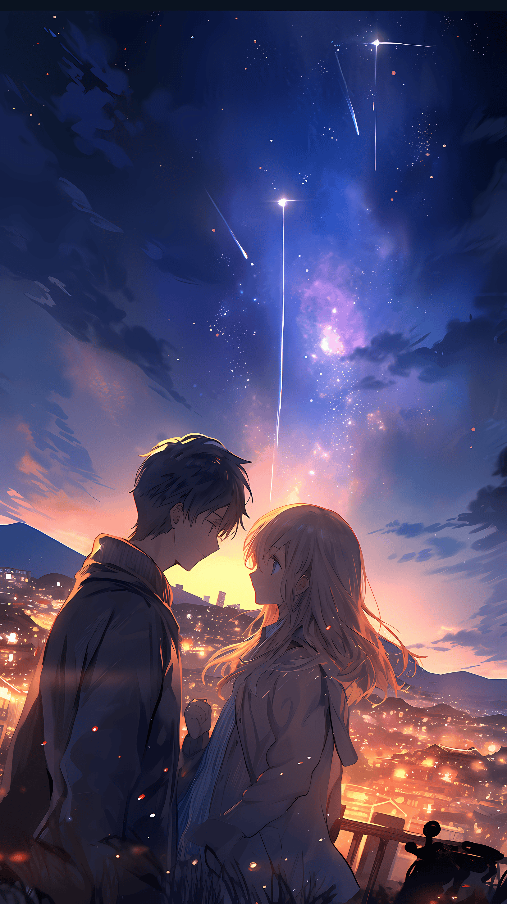 This enchanting anime wallpaper captures a tender moment between two characters standing under a starry night sky