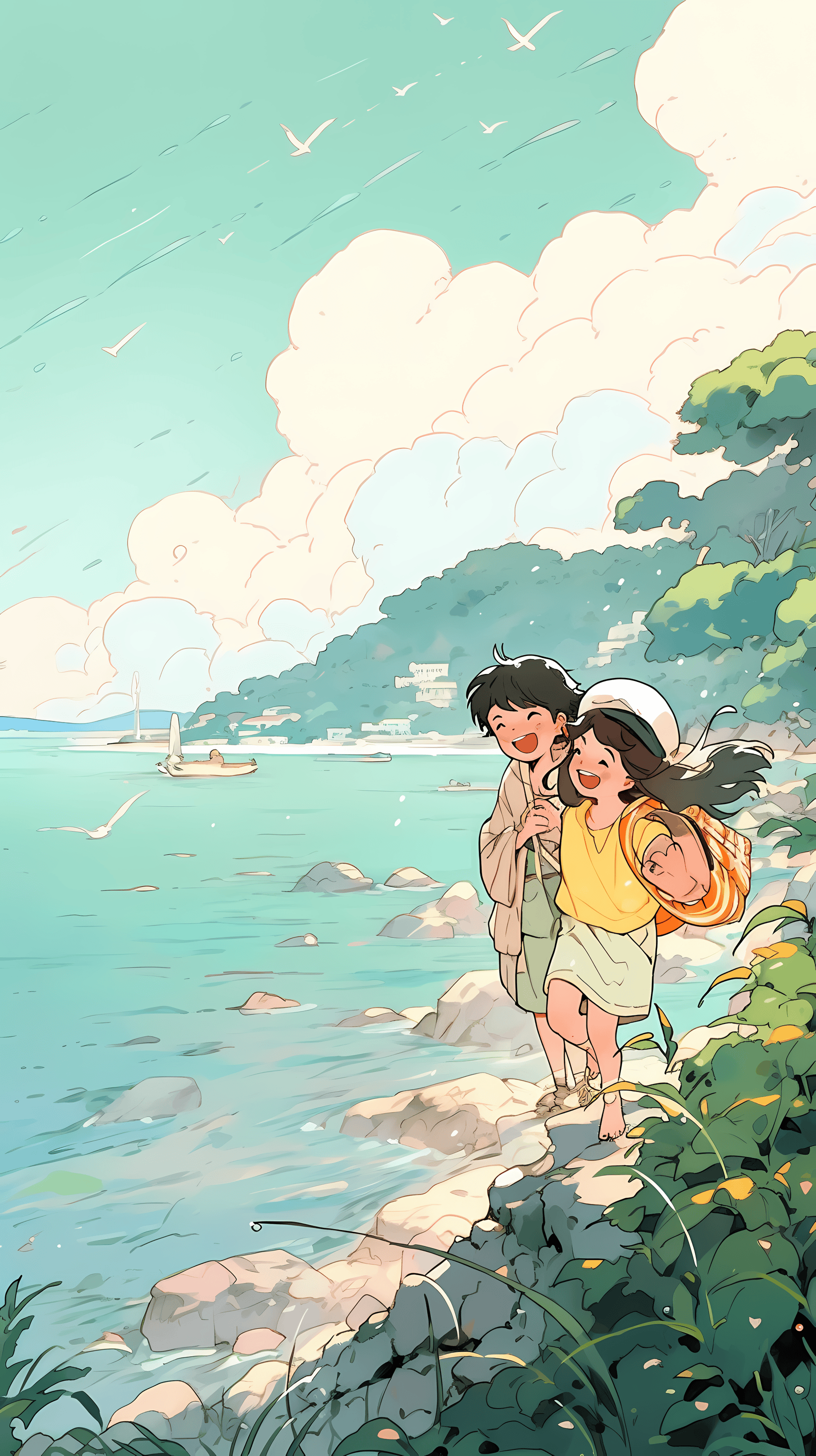 This enchanting anime wallpaper captures a serene seaside scene featuring two young characters, Ponyo and her human friend, standing on a rocky shore