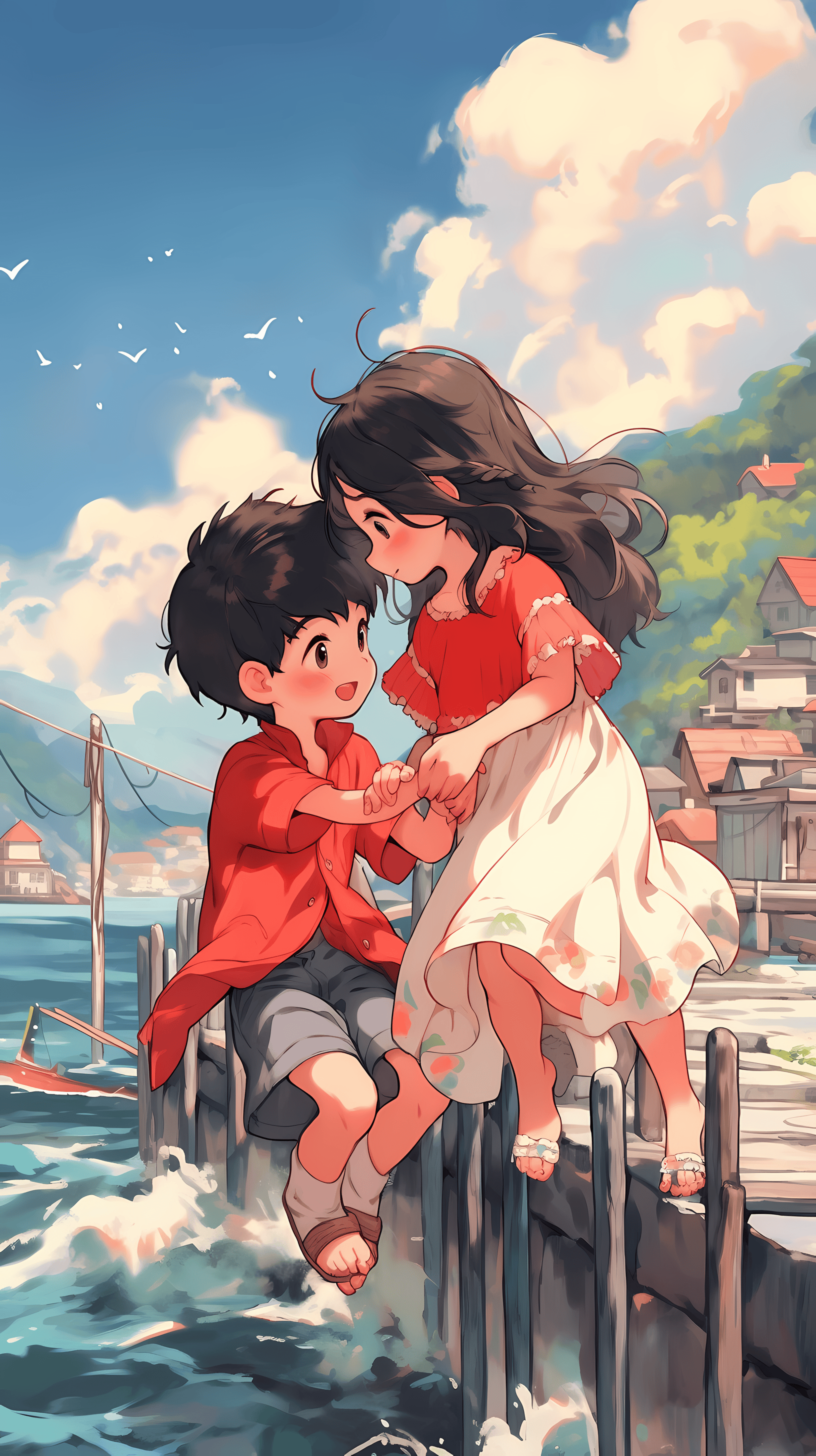 This enchanting anime wallpaper captures a heartwarming moment between two beloved characters, Ponyo and her human friend Sōsuke