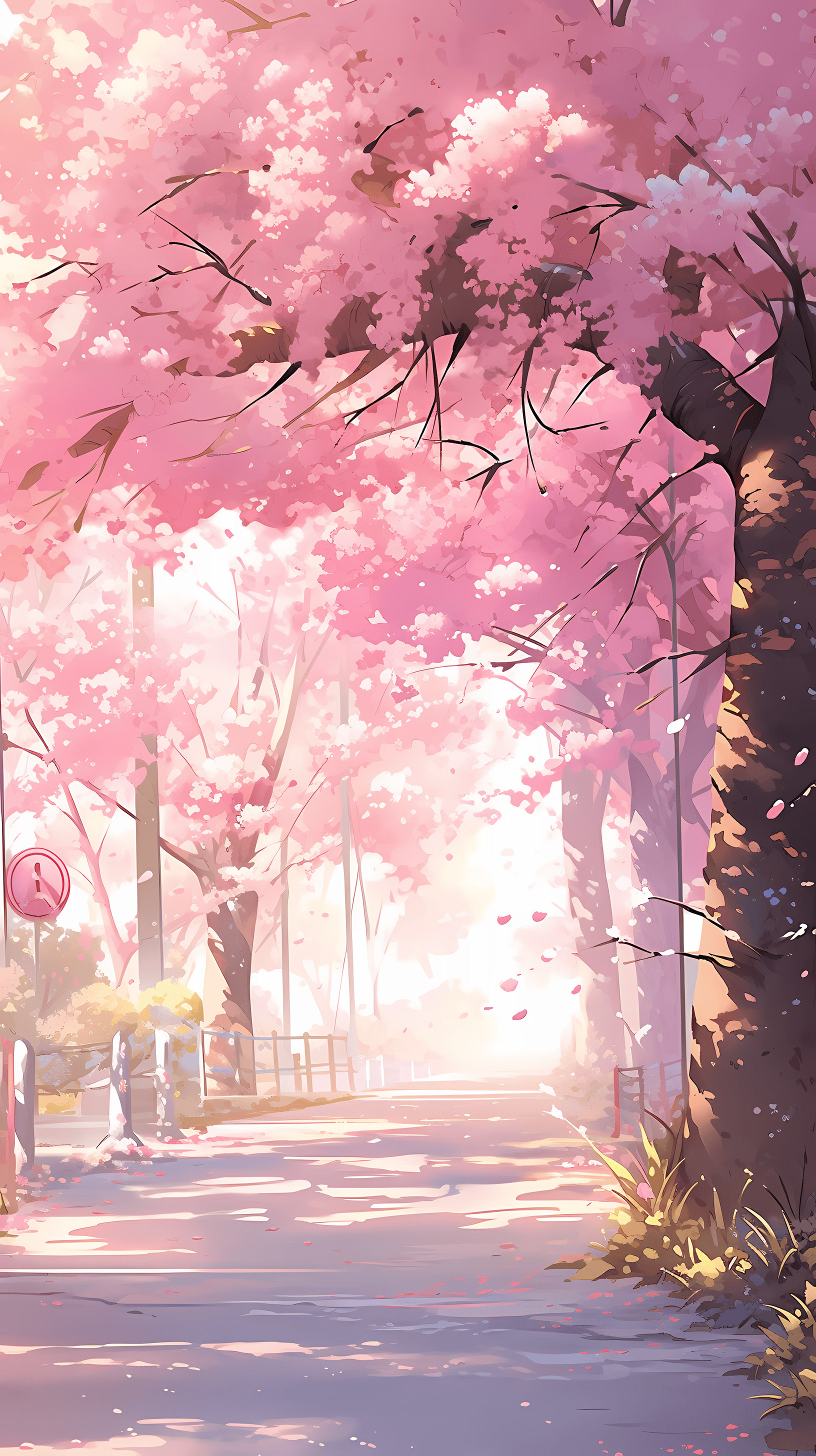 This enchanting anime wallpaper captures a serene garden scene bathed in the warm glow of a setting sun