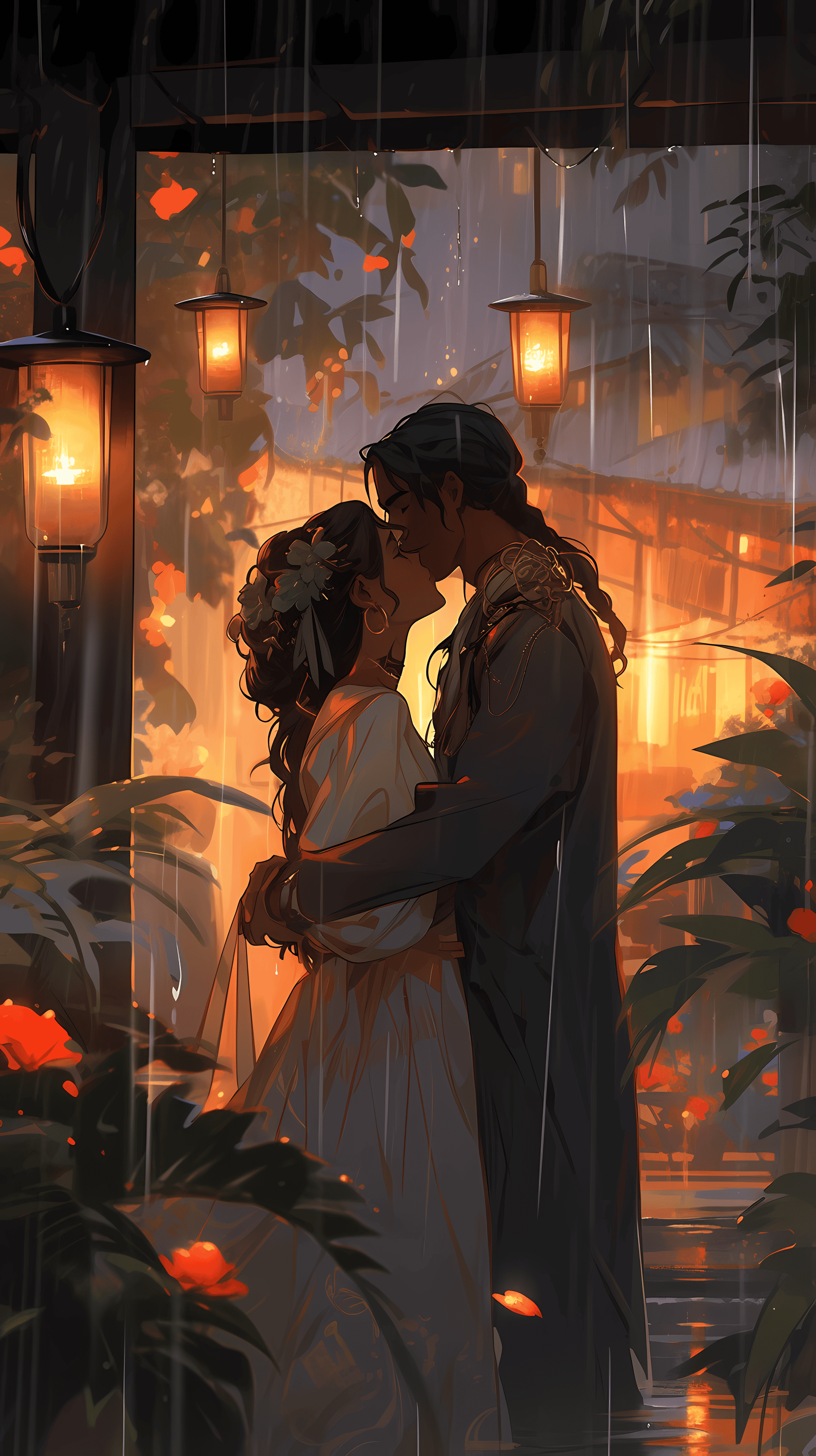 This enchanting anime wallpaper captures a tender moment between two lovers in a beautifully illuminated garden during sunset