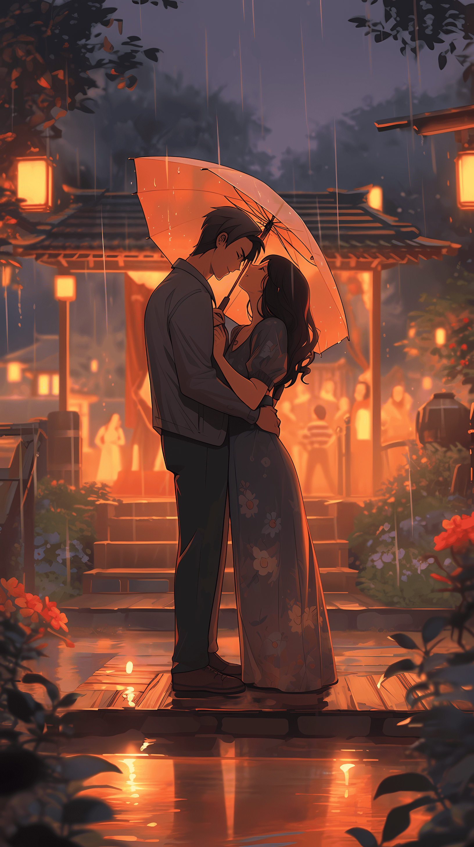 This enchanting anime wallpaper captures a romantic moment between a couple standing under a traditional Japanese umbrella