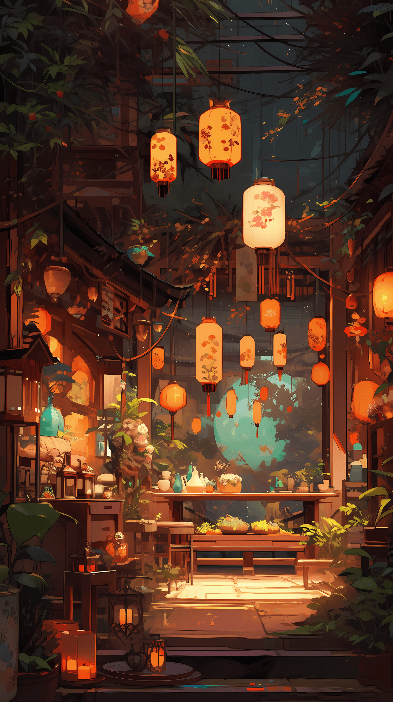 This enchanting anime wallpaper captures a romantic scene set in a traditional Japanese garden