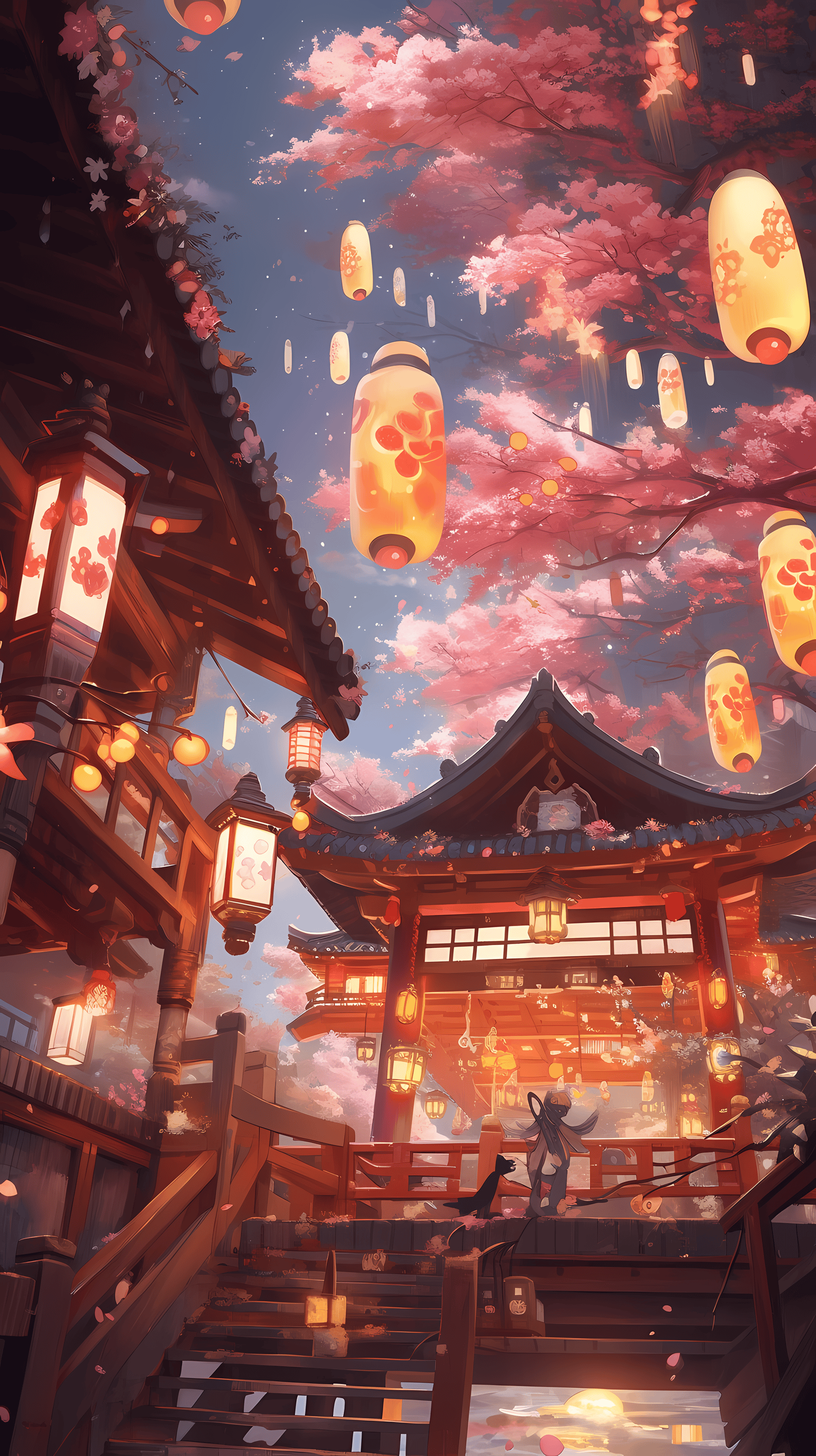 This enchanting anime wallpaper captures the essence of a dreamy date night in a traditional Japanese setting
