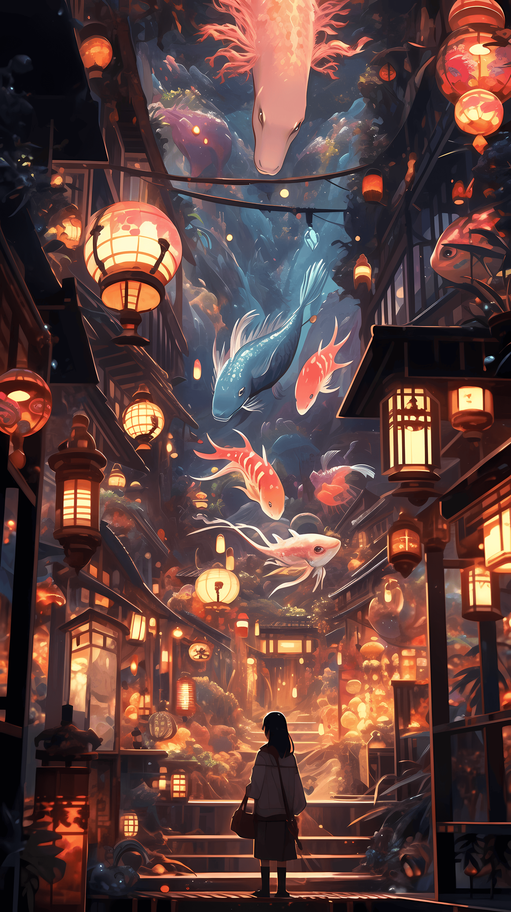 This enchanting anime wallpaper captures a magical night scene in a traditional Japanese setting