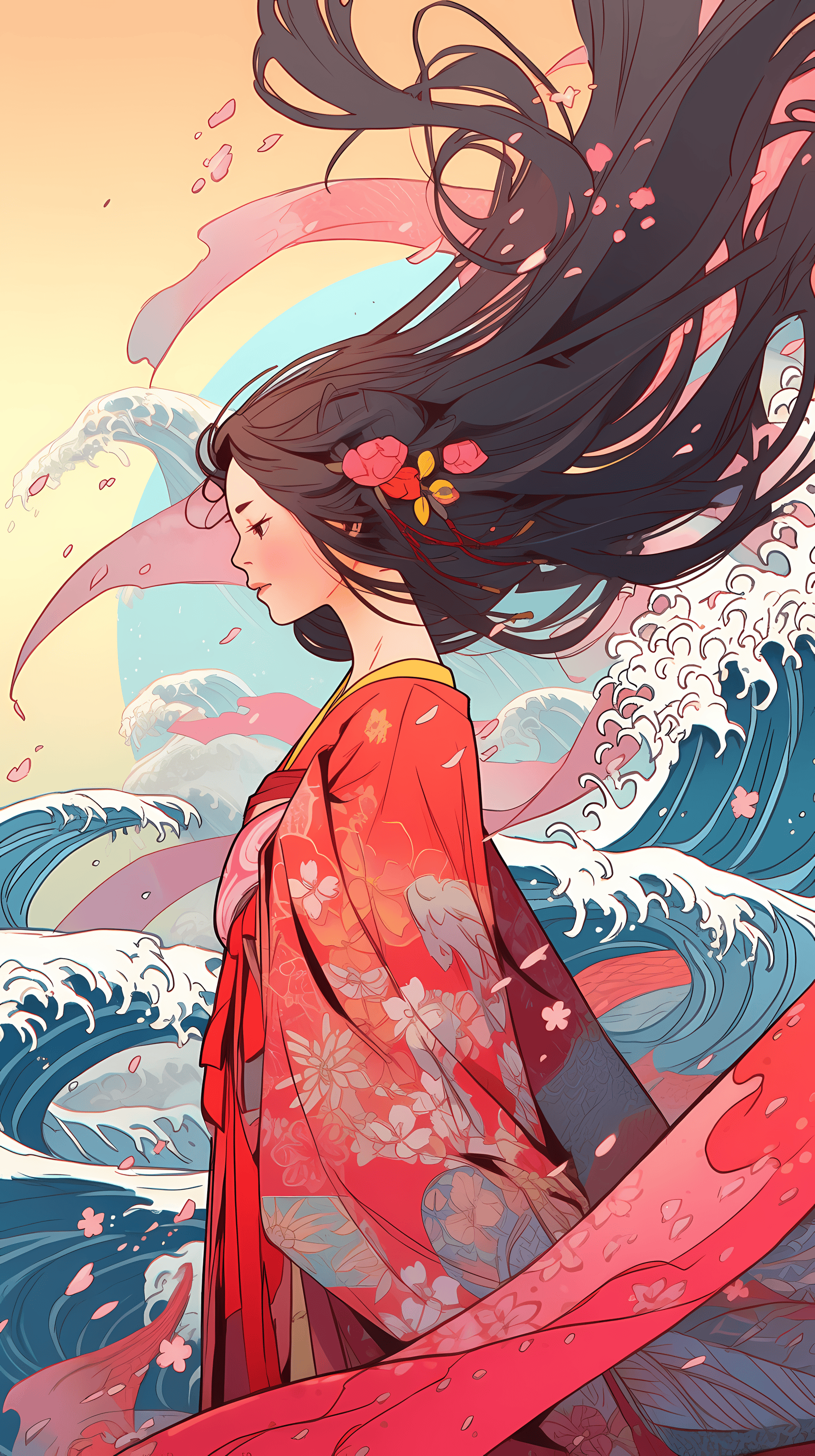 This captivating anime wallpaper features a serene and elegant young woman dressed in a traditional red kimono adorned with delicate floral patterns